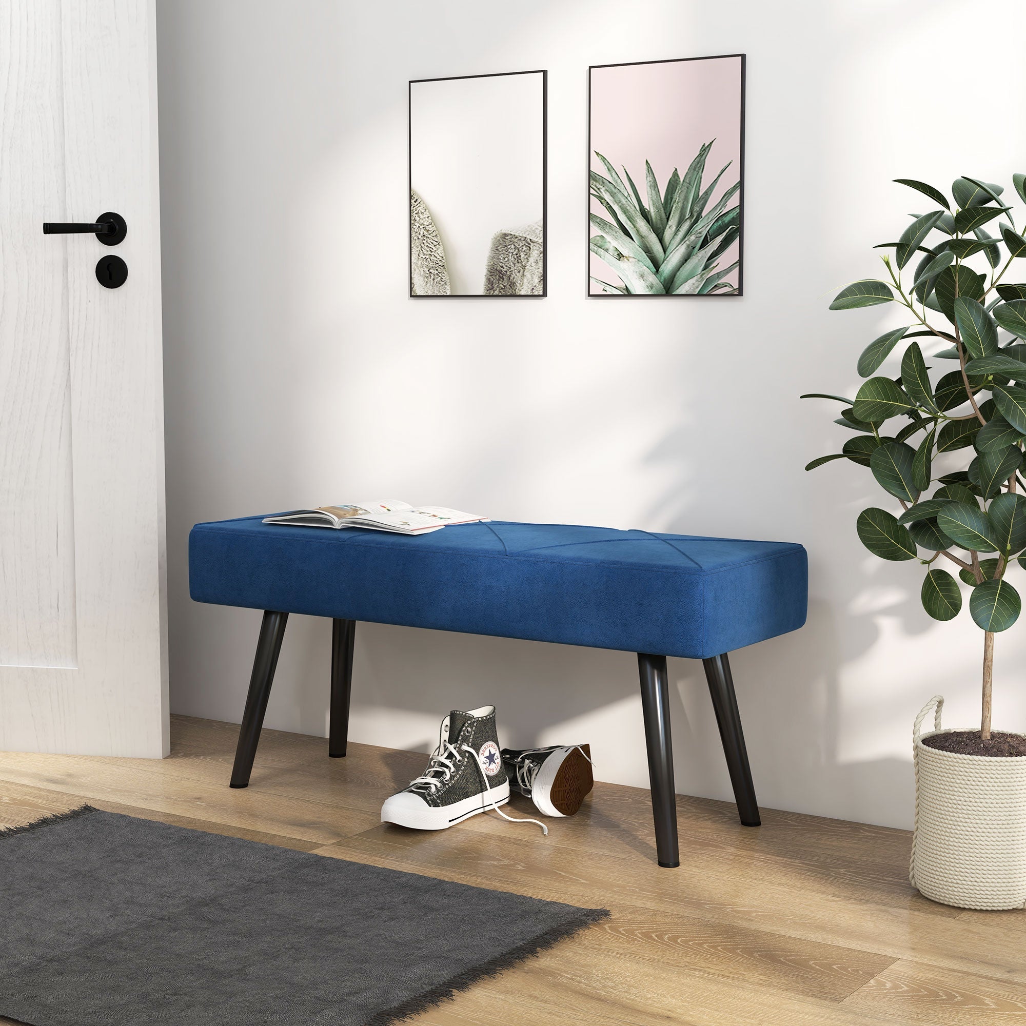 HOMCOM Upholstered Bedroom Bench with X-Shape Steel Legs, Elegant Hallway Bench for End of Bed, Blue - TovaHaus