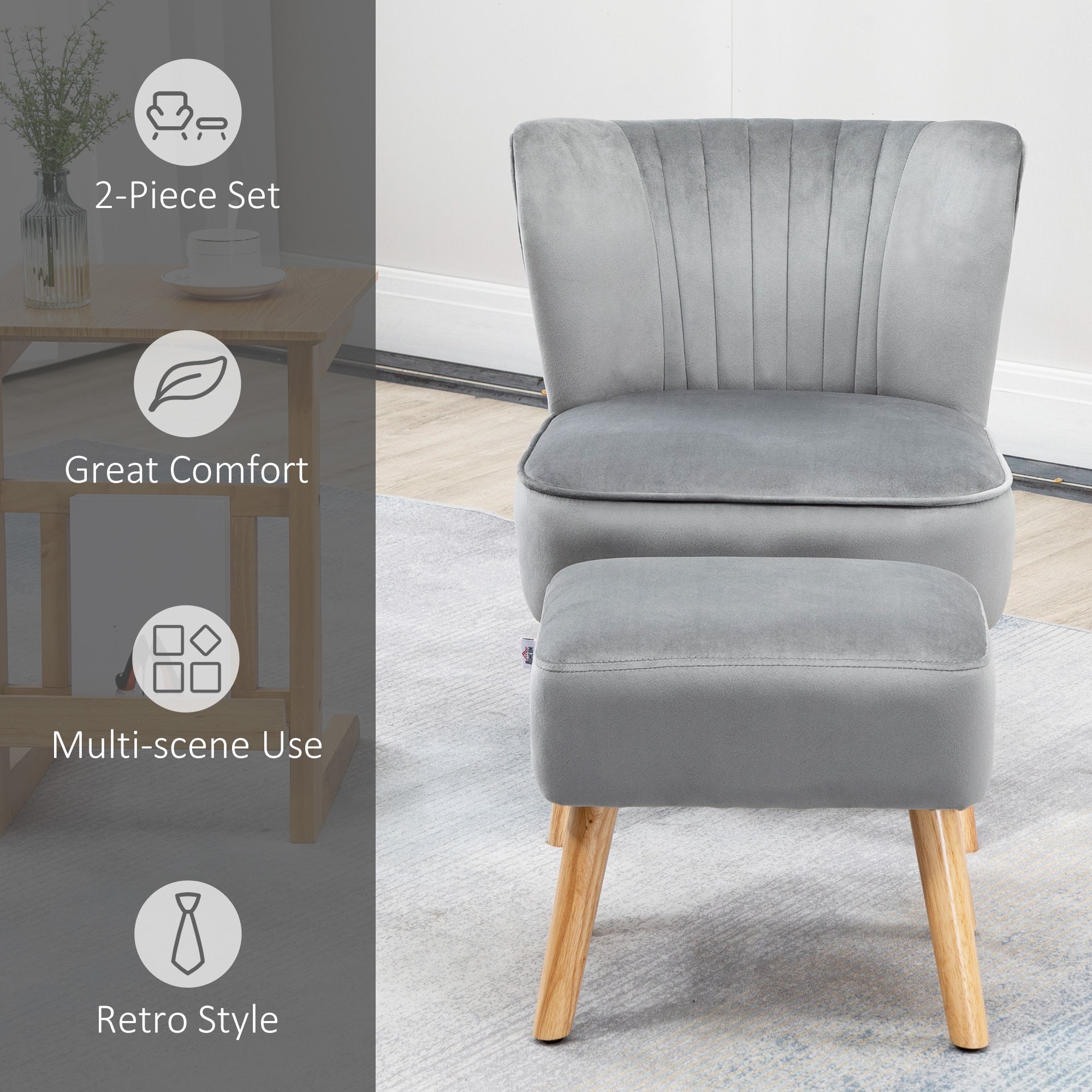 HOMCOM Velvet Accent Chair with Ottoman, Occasional Tub Seat, Curved Back, Wood Frame, Light Grey - TovaHaus