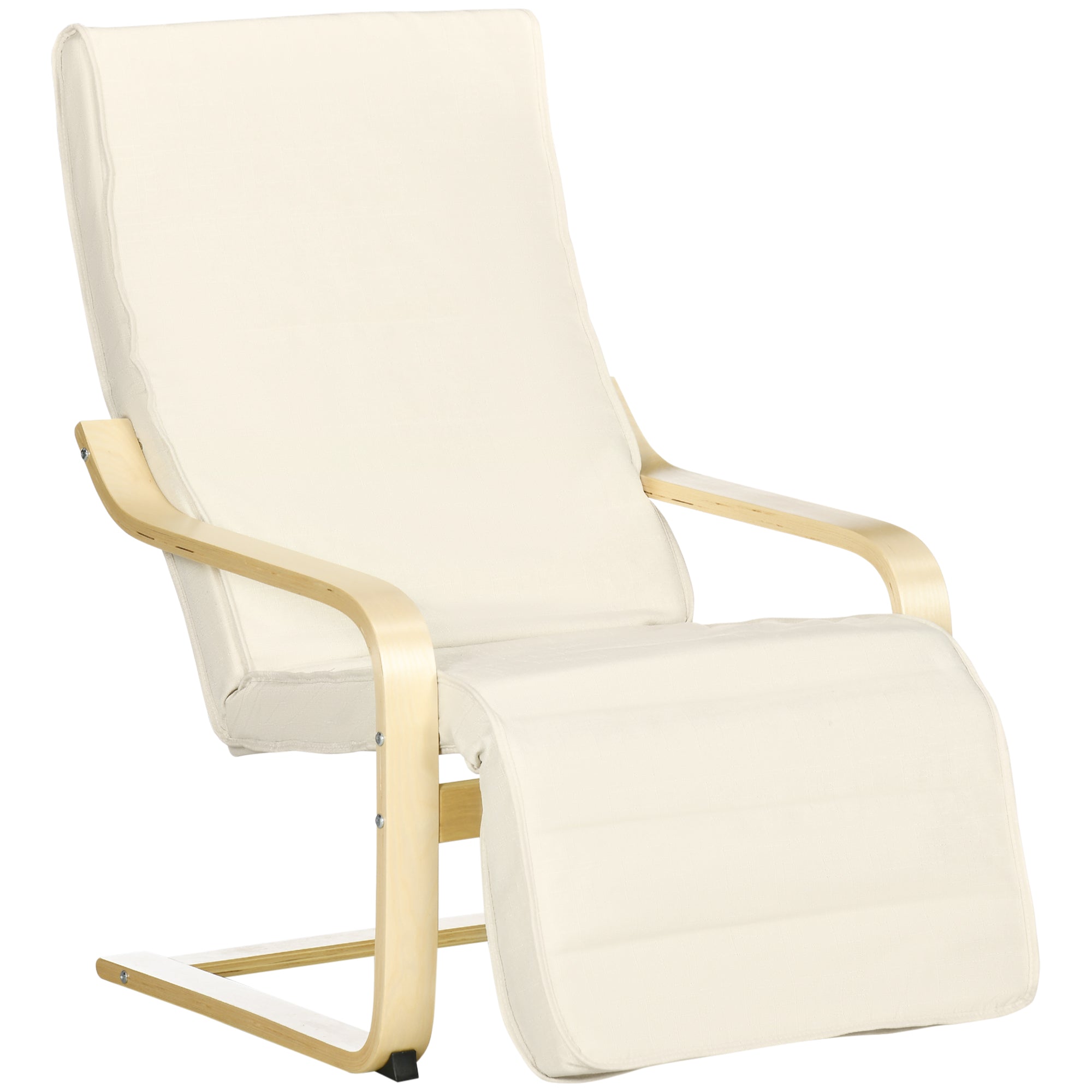 HOMCOM Wooden Lounging Chair Deck Relaxing Recliner Lounge Seat with Adjustable Footrest & Removable Cushion, Cream White - TovaHaus