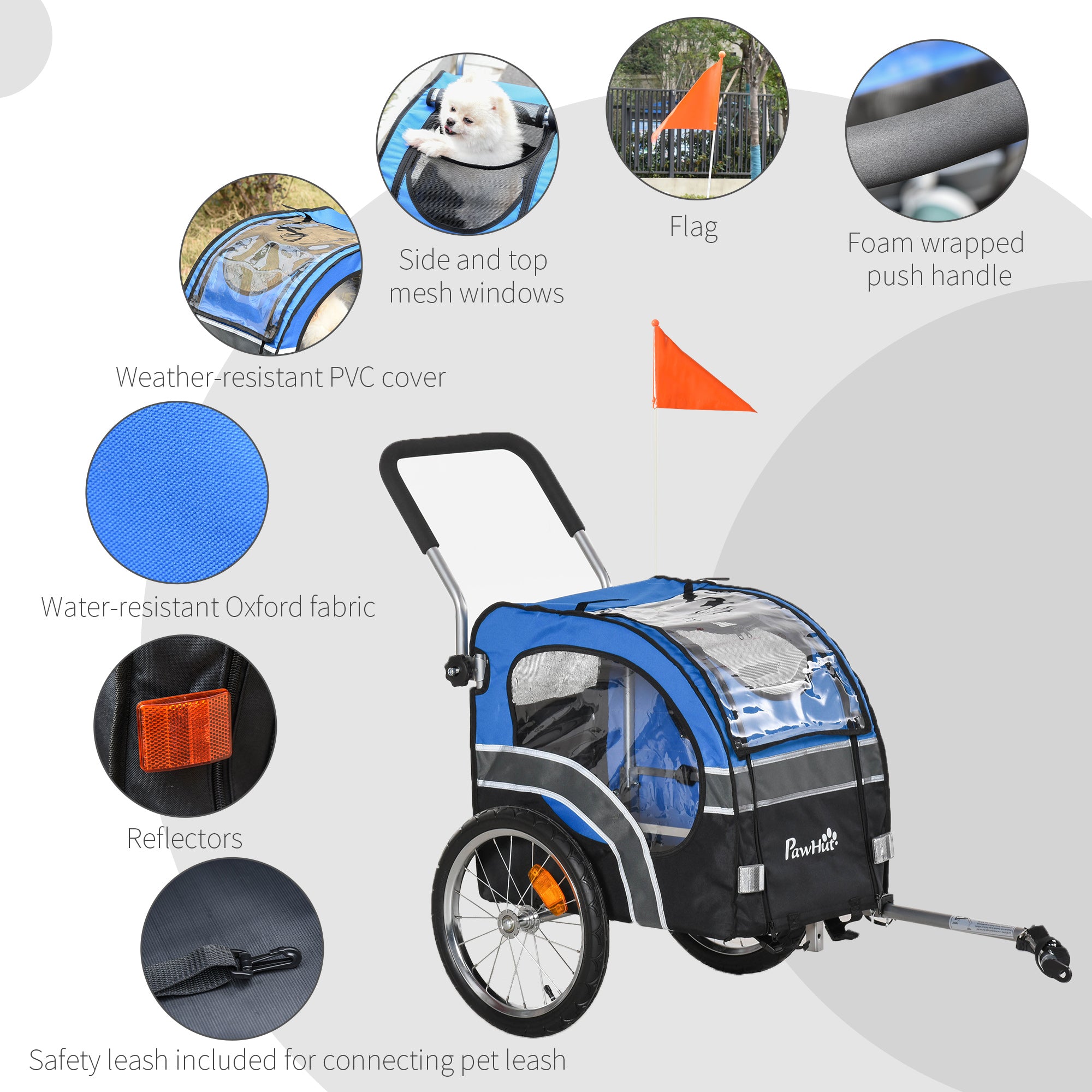 PawHut Dog Bike Trailer 2-in-1 Pet Cart Carrier Stroller Pushchair for Bicycle with 360° Rotatable Front Wheel Reflectors Weather Resistant Blue