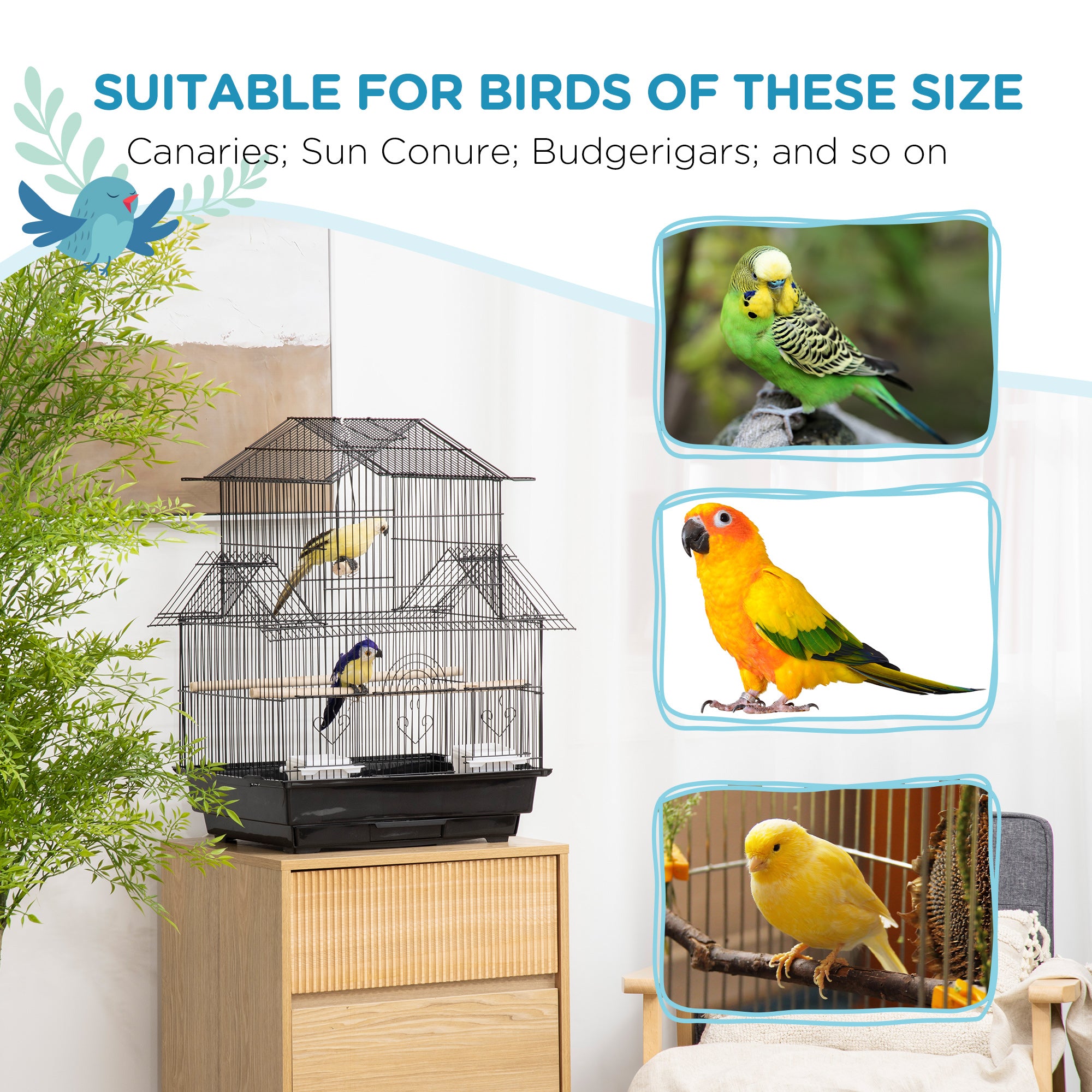 PawHut Metal Bird Cage, Portable with Swing Perch & Food Tray for Finch, Canary, Budgie, 50.5x40x63cm, Black