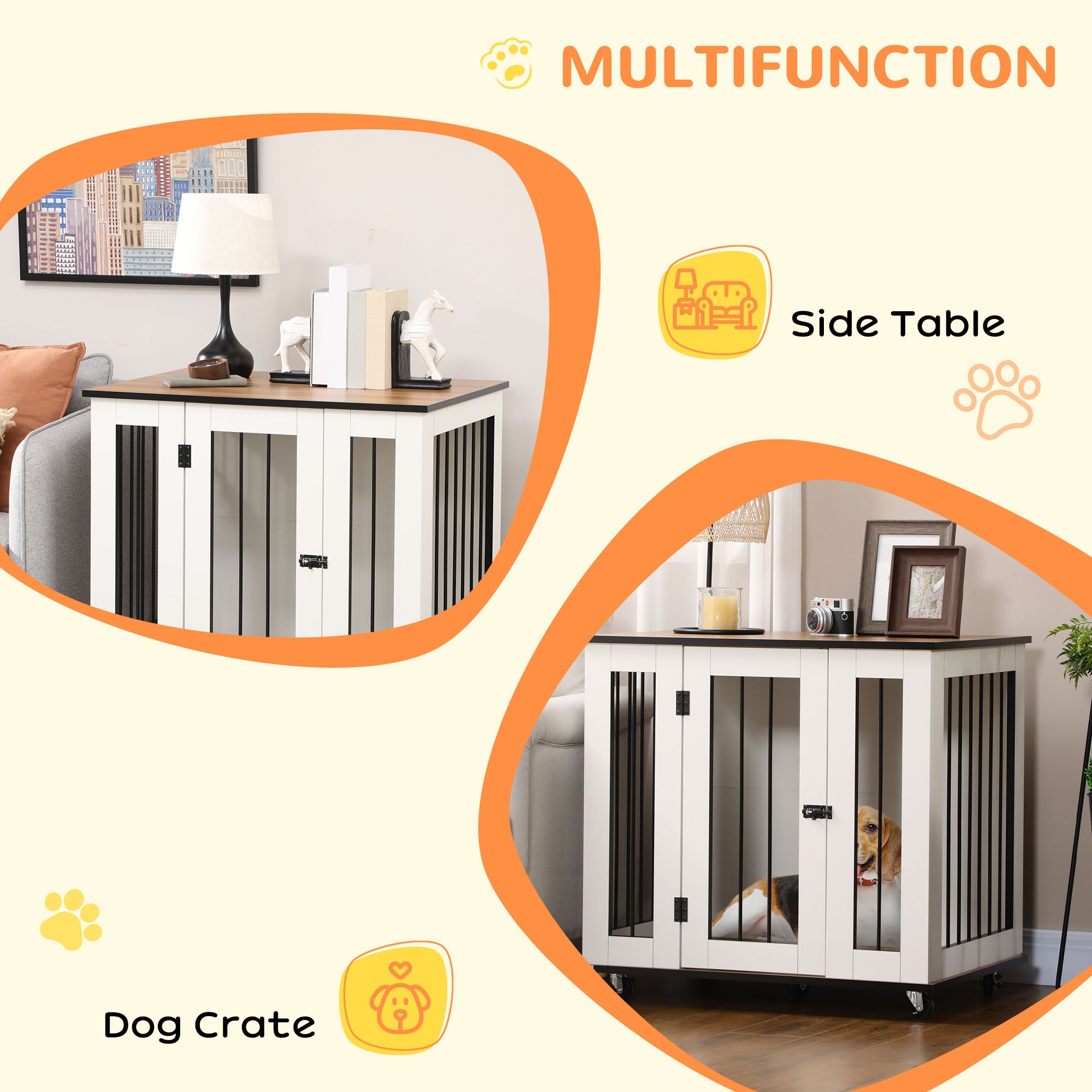 PawHut Dog Crate Furniture with Wheels, Dog Cage End Table for Medium Dogs, with Lockable Door, White, 80 x 60 x 76.5cm