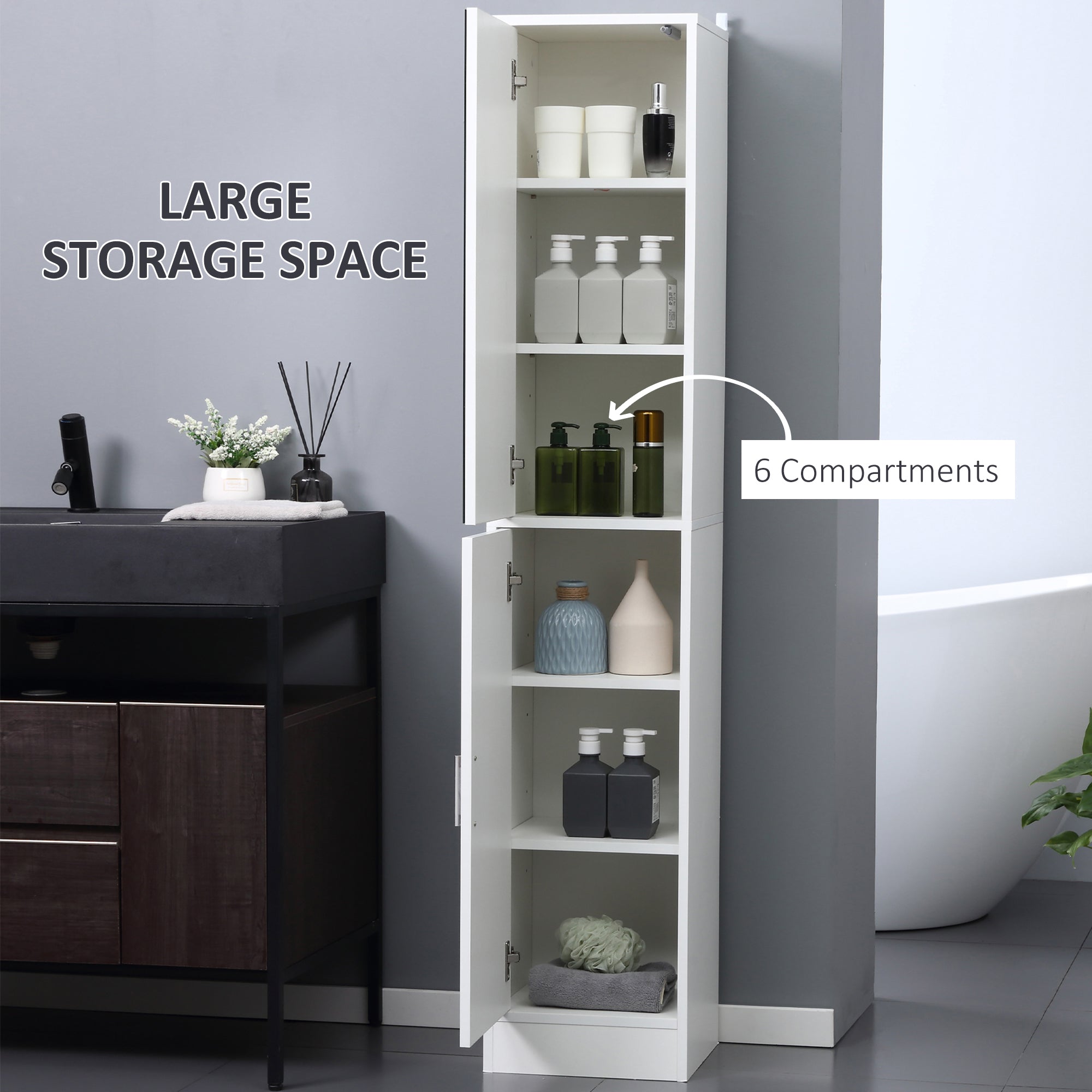 kleankin Tall Mirrored Bathroom Cabinet, Bathroom Storage Cupboard, Floor Standing Tallboy Unit with Adjustable Shelf, White - TovaHaus