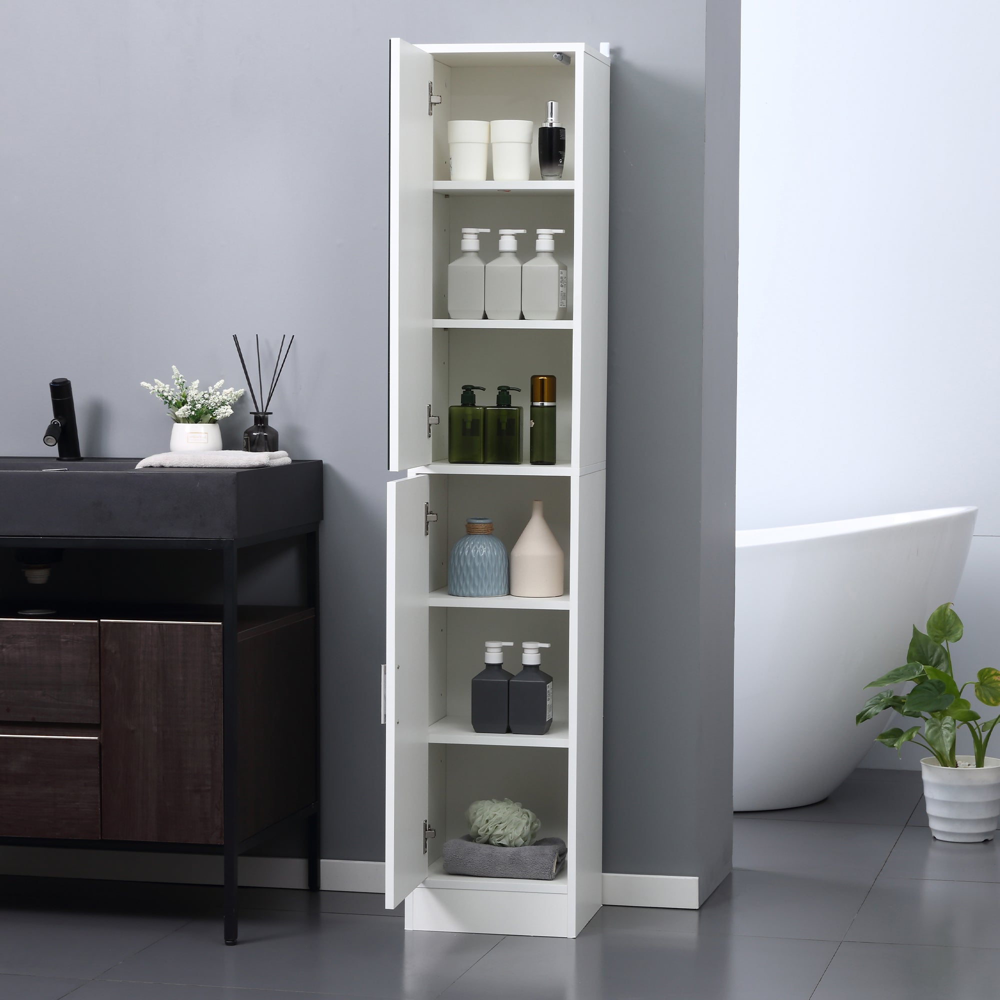 kleankin Tall Mirrored Bathroom Cabinet, Bathroom Storage Cupboard, Floor Standing Tallboy Unit with Adjustable Shelf, White - TovaHaus