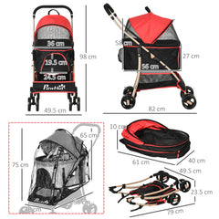 PawHut 3 In 1 Pet Stroller with Rain Cover, Detachable Cat Dog Pushchair, Foldable Carrying Bag with Universal Wheels, Brake, Canopy, Basket, Red.