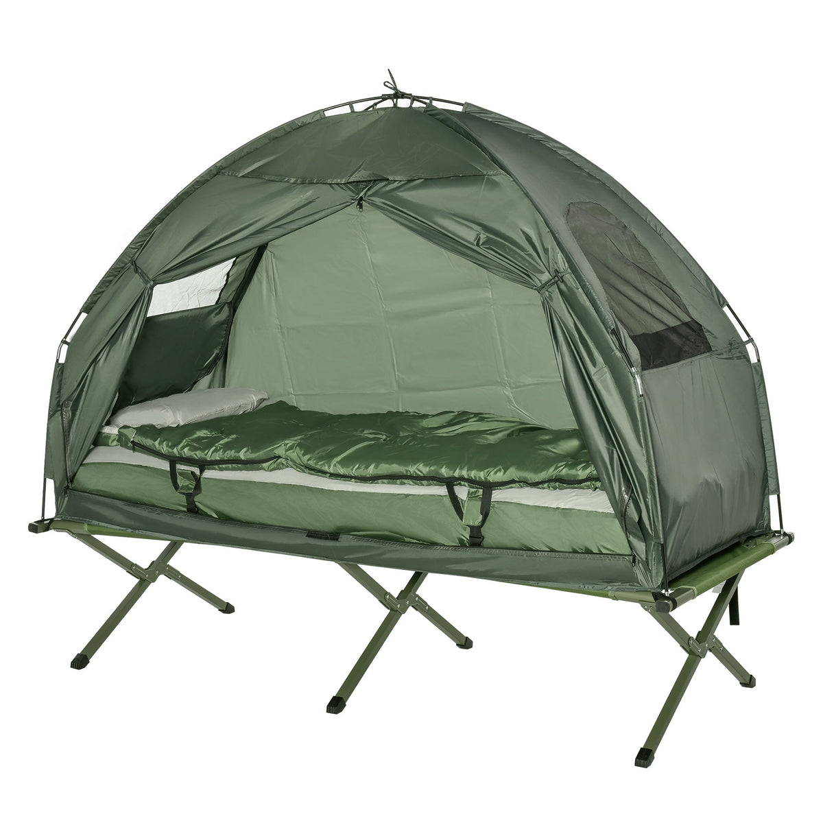 Outsunny 1 person Foldable Camping Tent w/Sleeping Bag Air Mattress Outdoor Hiking Picnic Bed cot w/Foot Pump - TovaHaus