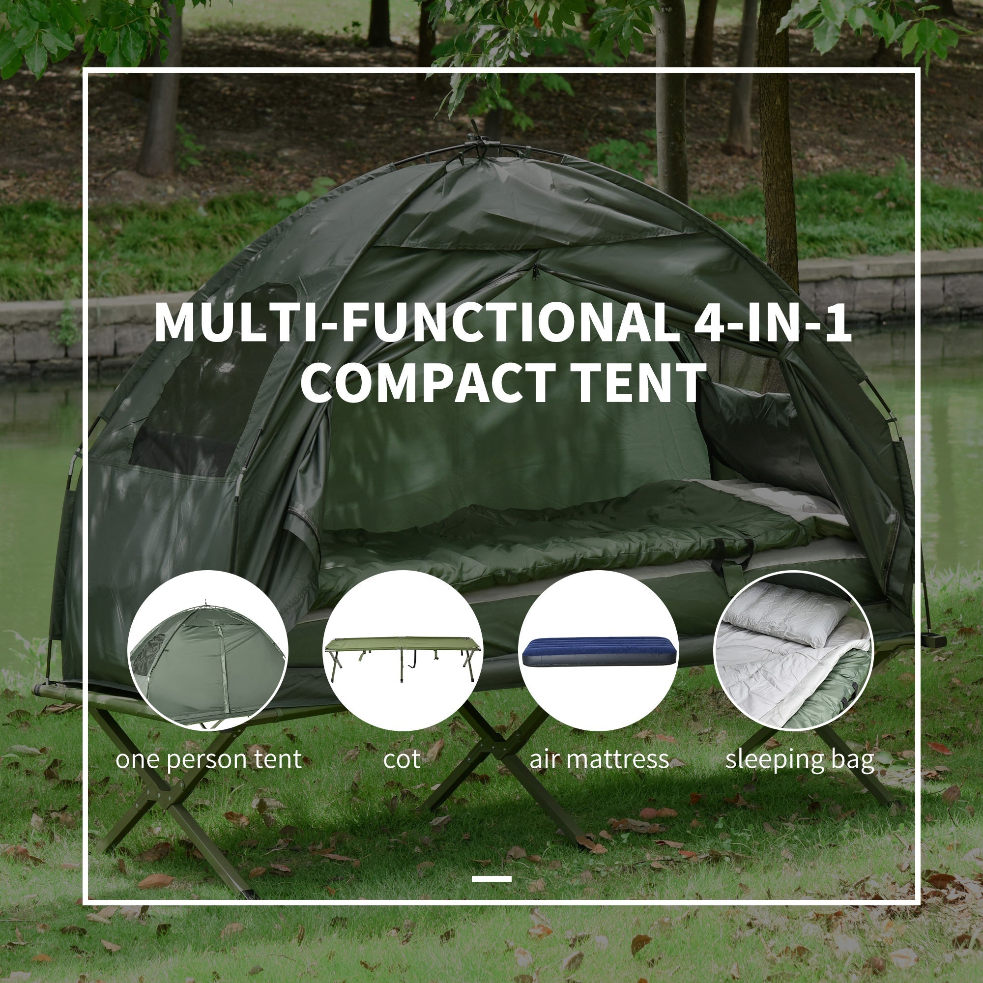 Outsunny 1 person Foldable Camping Tent w/Sleeping Bag Air Mattress Outdoor Hiking Picnic Bed cot w/Foot Pump - TovaHaus