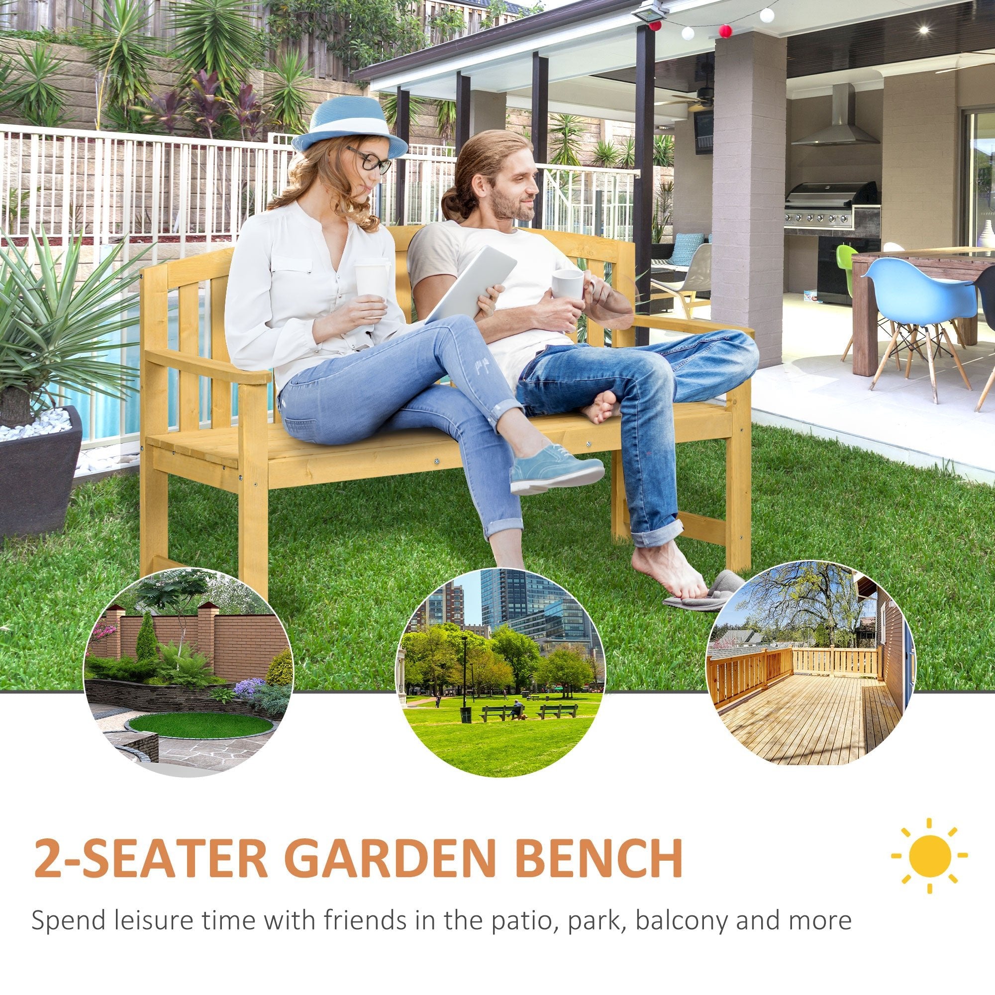 Outsunny 2 Seater Wooden Garden Bench with Armrest, Outdoor Furniture Chair for Park, Balcony, Orange - TovaHaus