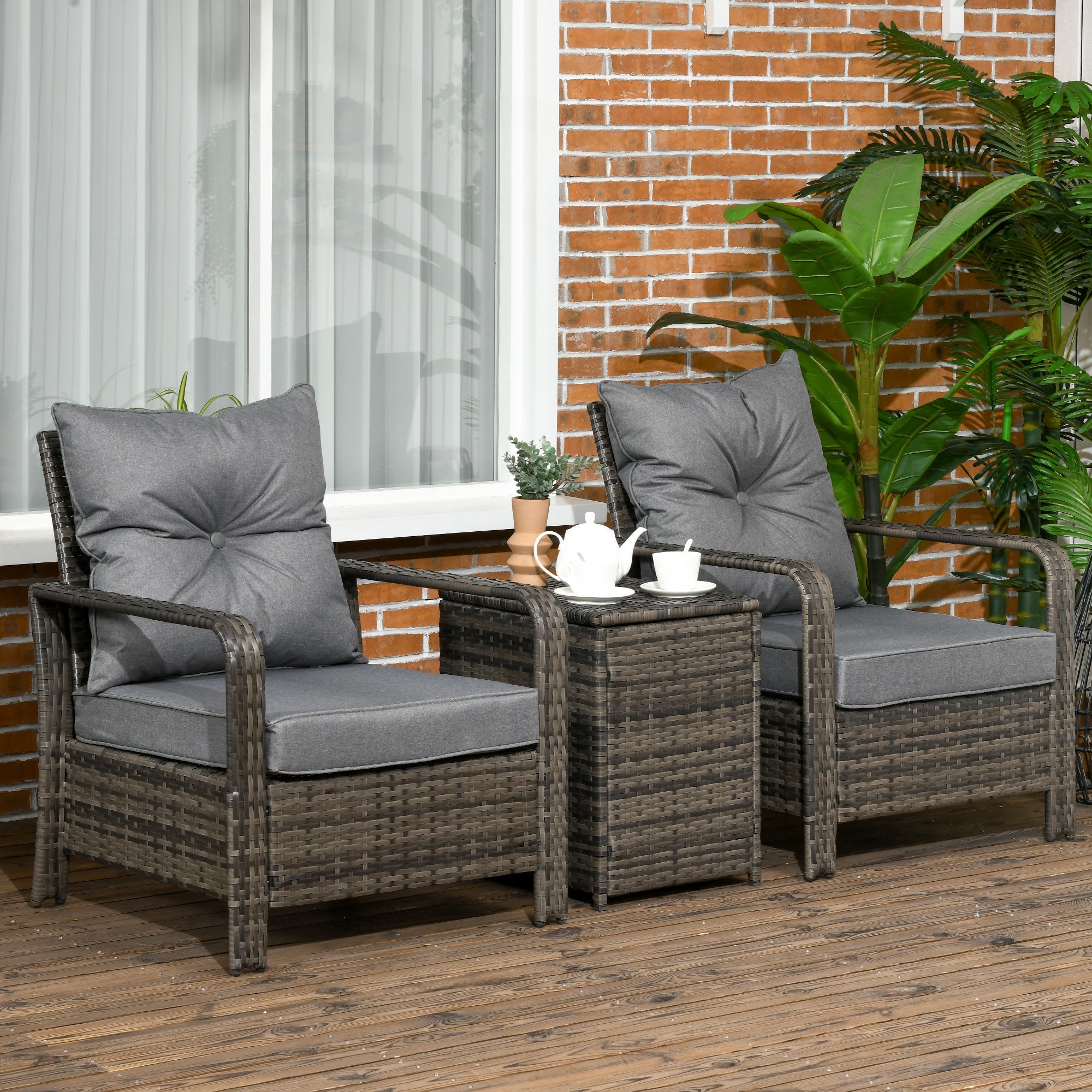 Outsunny 3 pcs PE Rattan Wicker Garden Furniture Patio Bistro Set Weave Conservatory Sofa Storage Table and Chairs Set Grey Cushion & Wicker - TovaHaus