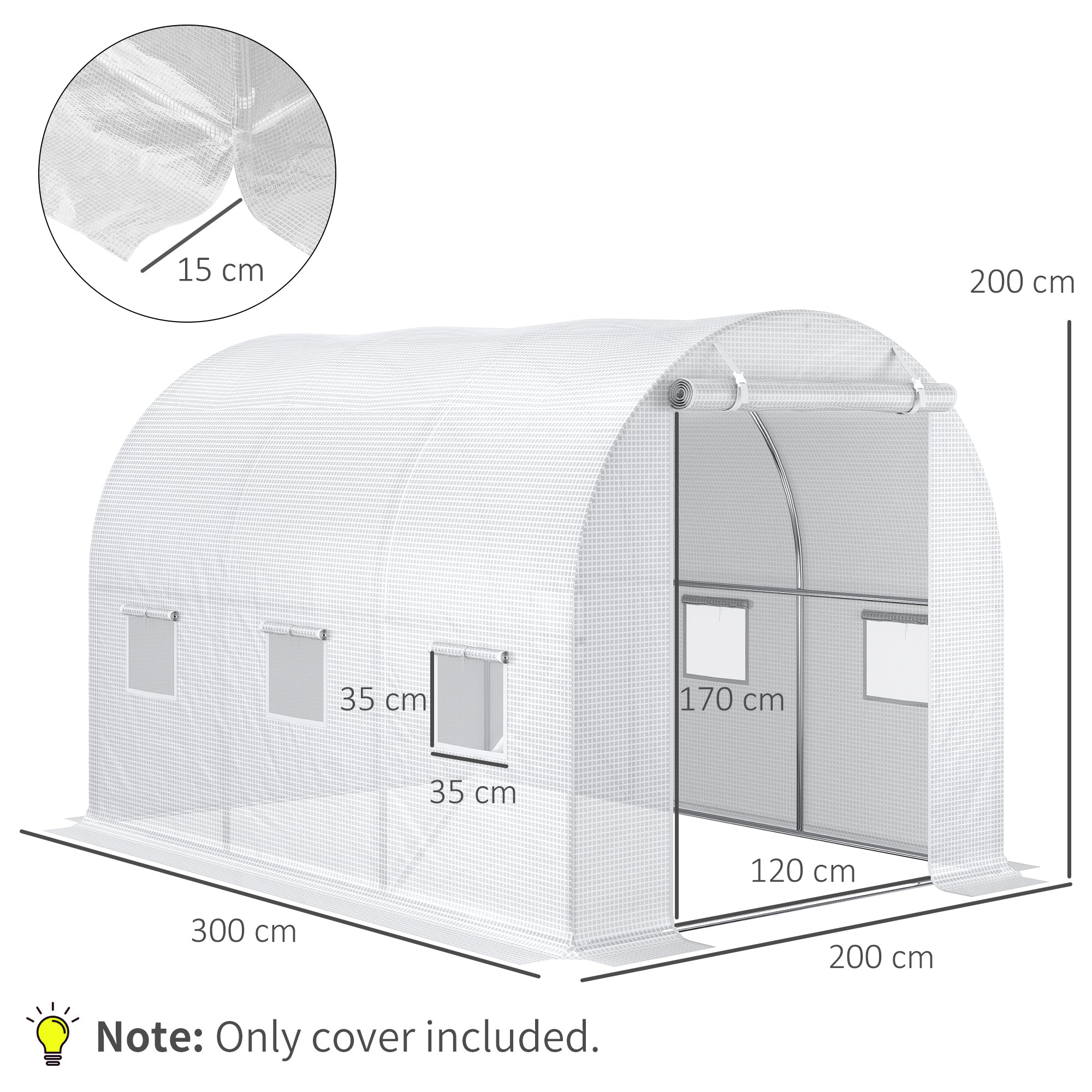Outsunny 3 x 2 x 2m Greenhouse Replacement Walk-in PE Hot House Cover with 6 Windows Roll-Up and Zipper Door, White - TovaHaus
