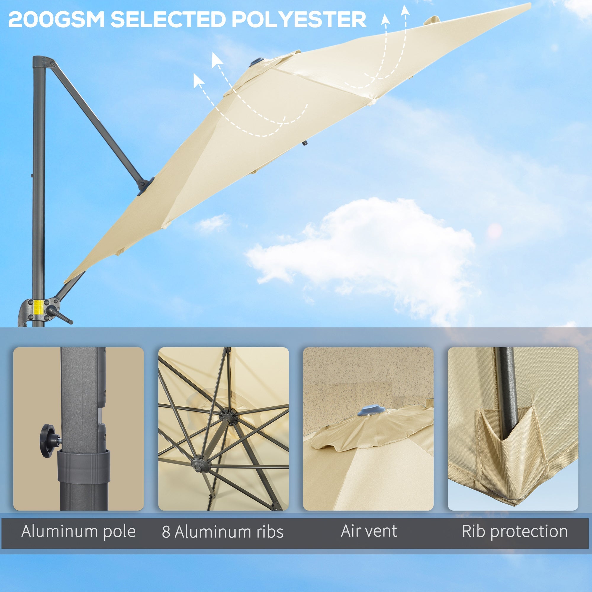 Outsunny 3 x 3(m) Cantilever Parasol with Cross Base, Garden Umbrella with 360° Rotation, Crank Handle and Tilt for Outdoor, Patio, Cream White - TovaHaus