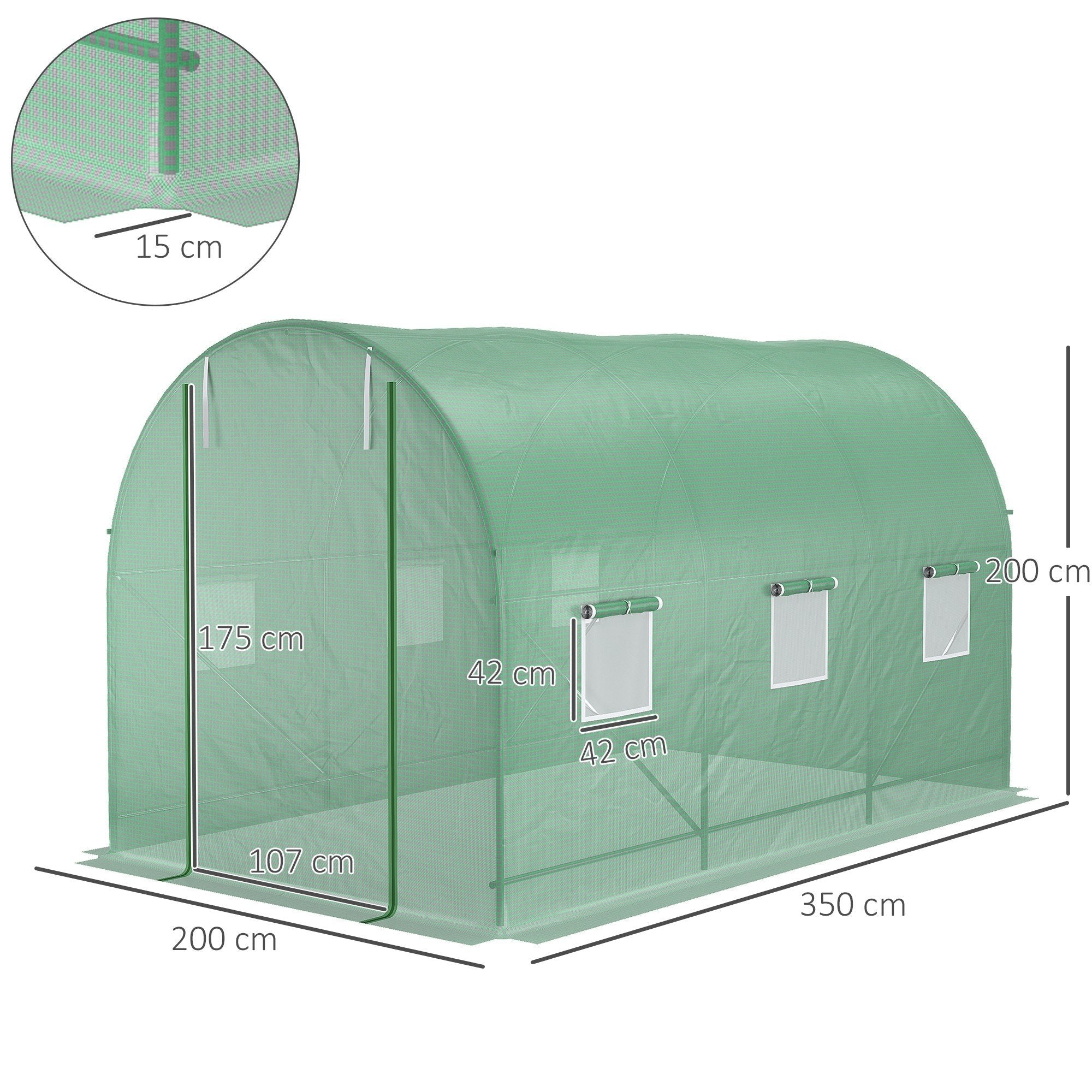 Outsunny 3.5 x 2 x 2 m Polytunnel Greenhouse, Walk in Pollytunnel Tent with Steel Frame, PE Cover, Roll Up Door and 6 Windows, Green - TovaHaus