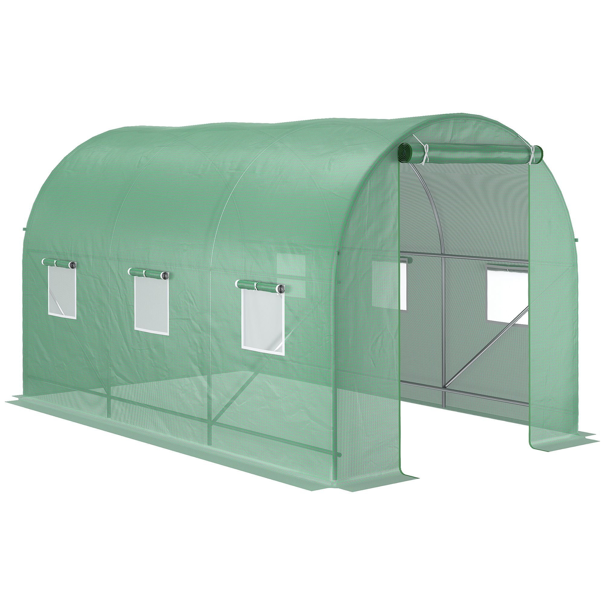 Outsunny 3.5 x 2 x 2 m Polytunnel Greenhouse, Walk in Pollytunnel Tent with Steel Frame, PE Cover, Roll Up Door and 6 Windows, Green - TovaHaus