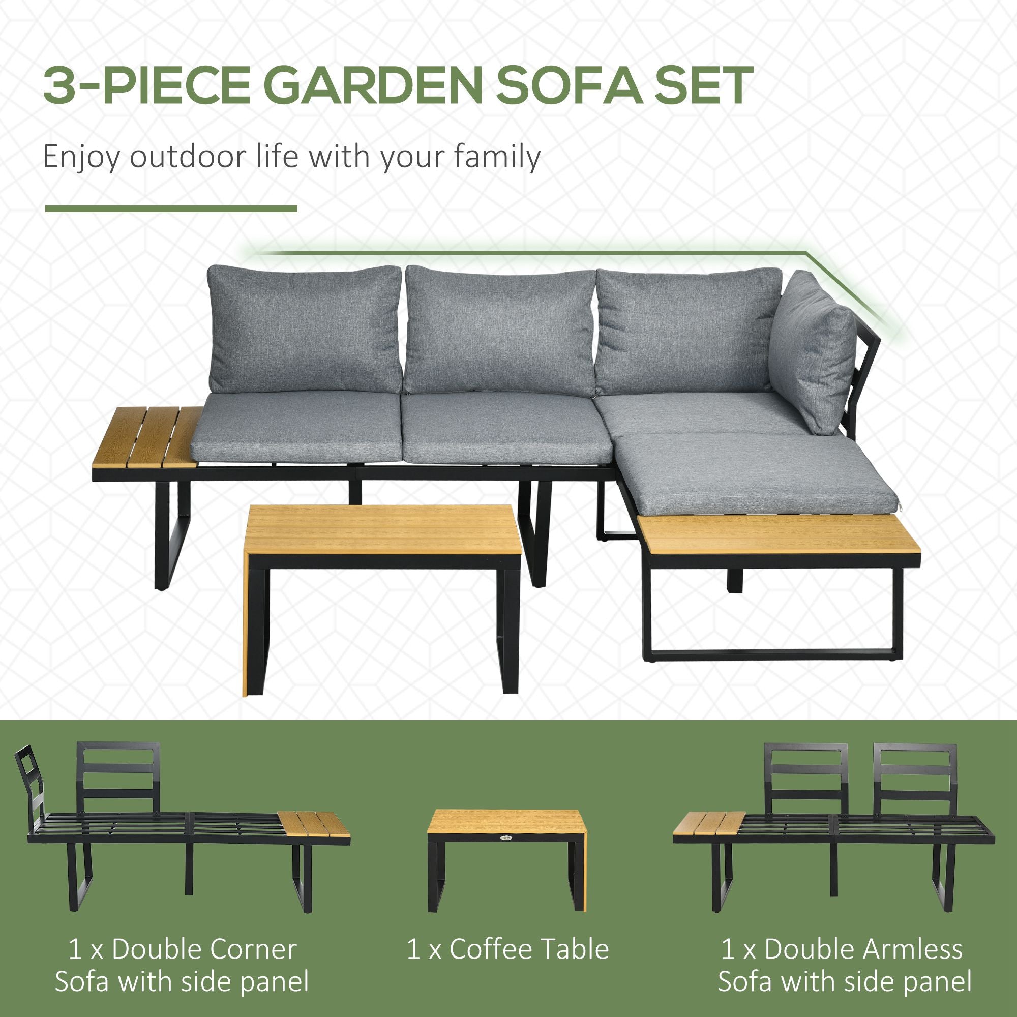 Outsunny 4-Seater Garden Sofa Set Patio Conversation Set w/ Padded Cushions, Wood Grain Plastic Top Table and Side Panel, Dark Grey - TovaHaus