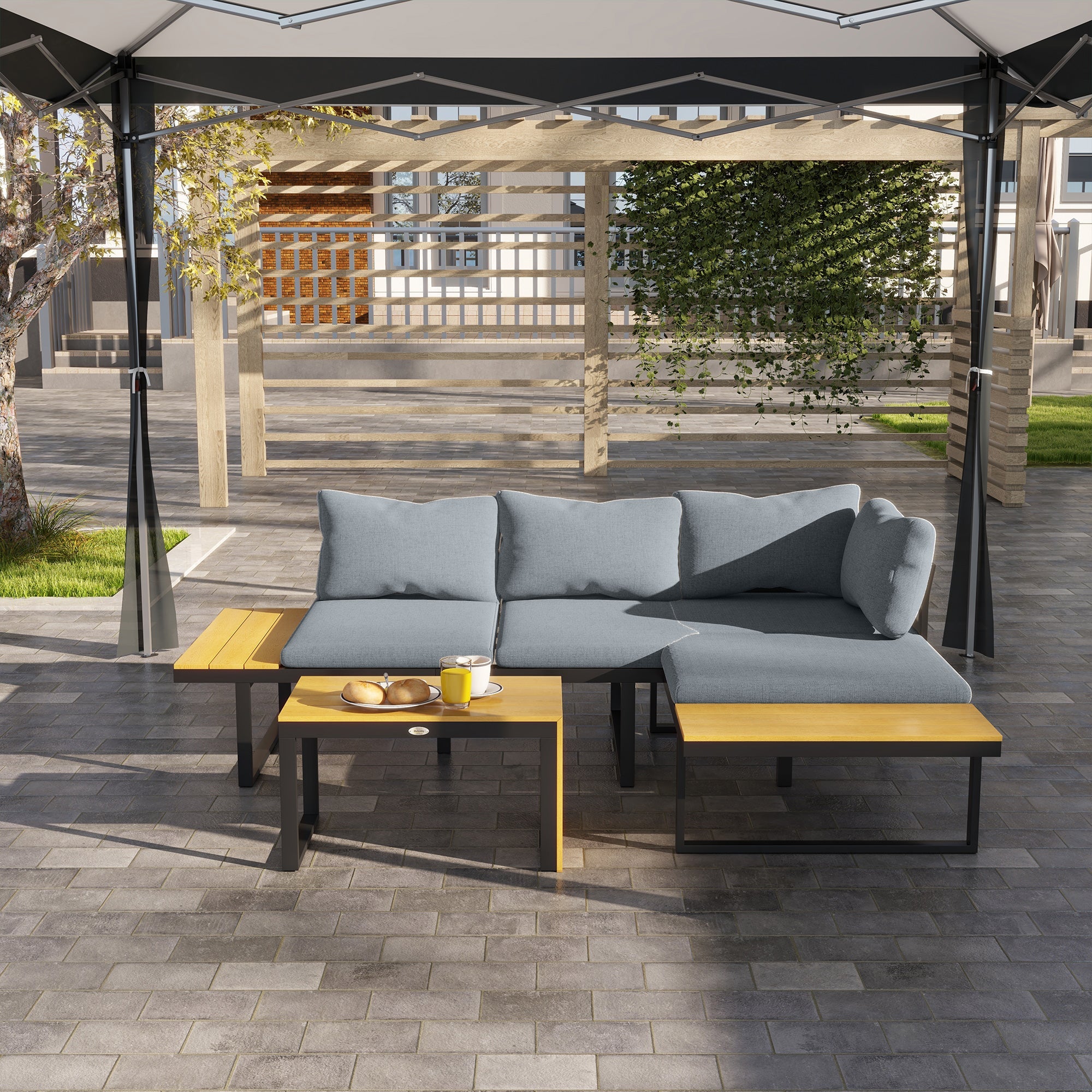 Outsunny 4-Seater Garden Sofa Set Patio Conversation Set w/ Padded Cushions, Wood Grain Plastic Top Table and Side Panel, Dark Grey - TovaHaus