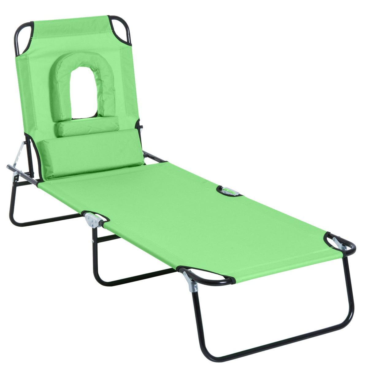 Outsunny Foldable Sun Lounger, Reclining Chair with Pillow and Reading Hole, Garden Beach Outdoor Recliner, Adjustable, Green - TovaHaus