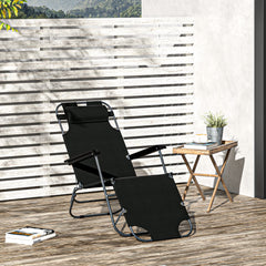Outsunny Folding Reclining Sun Lounger, 2 in 1 Garden Chair with Adjustable Back & Pillow, Black - TovaHaus