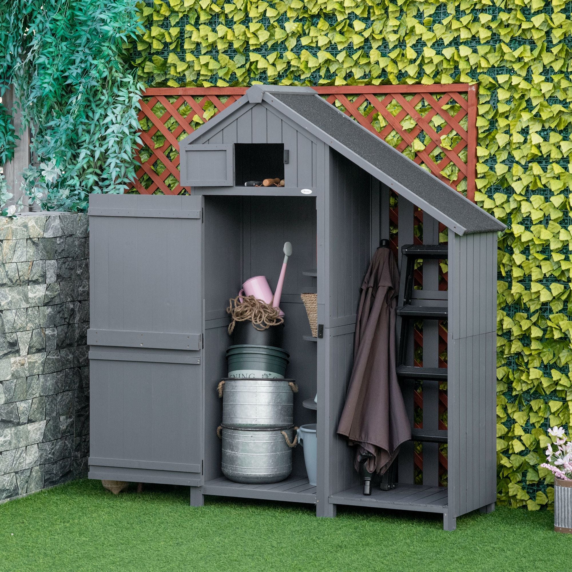 Outsunny Garden Outdoor Storage Shed Outdoor Tool Shed with 3 Shelves and Tilt Roof, 129x51.5x180cm, Grey - TovaHaus
