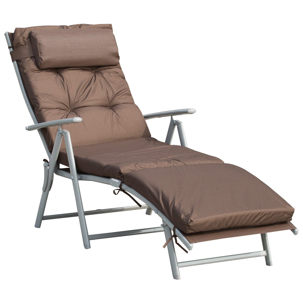 Outsunny Garden Sun Lounger, Foldable Reclining Chair with Pillow and Adjustable Back, Texteline Fabric, Brown - TovaHaus