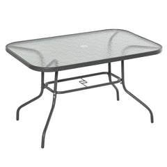 Outsunny Glass Top Garden Table Curved Metal Frame w/ Parasol Hole 4 Legs Outdoor Balcony Sturdy Friends Family Dining Table -Grey - TovaHaus