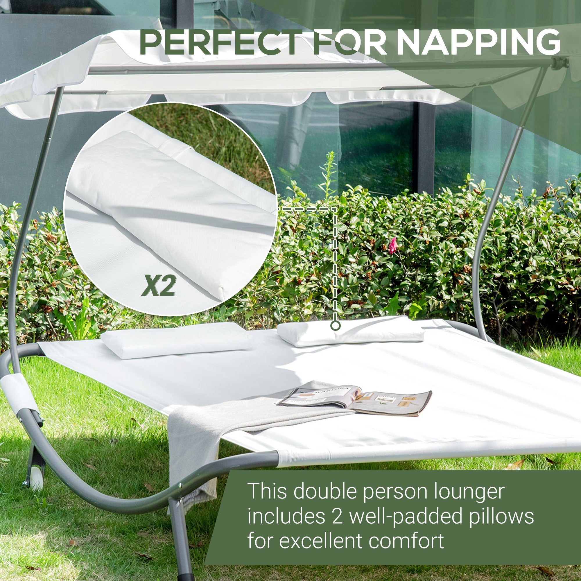 Outsunny Patio Double Hammock Sun Lounger Bed w/ Canopy Shelter, Wheels & 2 Pillows, White - TovaHaus