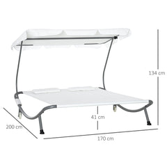 Outsunny Patio Double Hammock Sun Lounger Bed w/ Canopy Shelter, Wheels & 2 Pillows, White - TovaHaus
