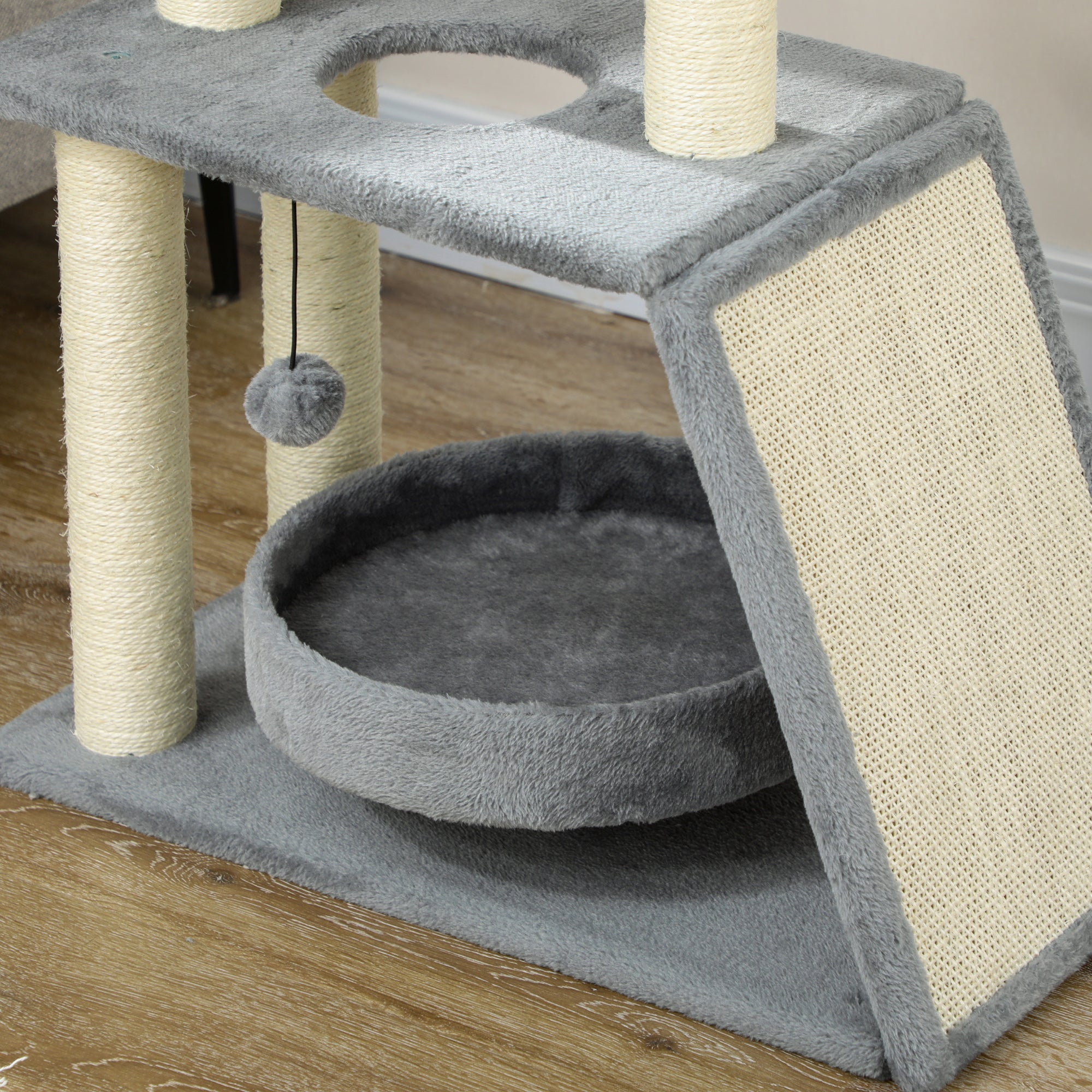 PawHut Cat Tree Tower with Scratching Posts, Cosy Pad, Bed, Perch, Interactive Toy Ball, Light Grey