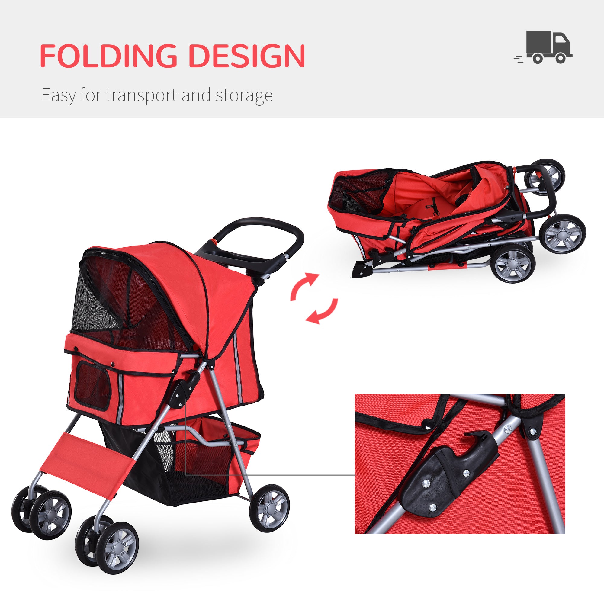 PawHut Small Dog Stroller with Rain Cover, Folding Pet Buggy with Cup Holder, Storage Basket & Reflective Strips, Red