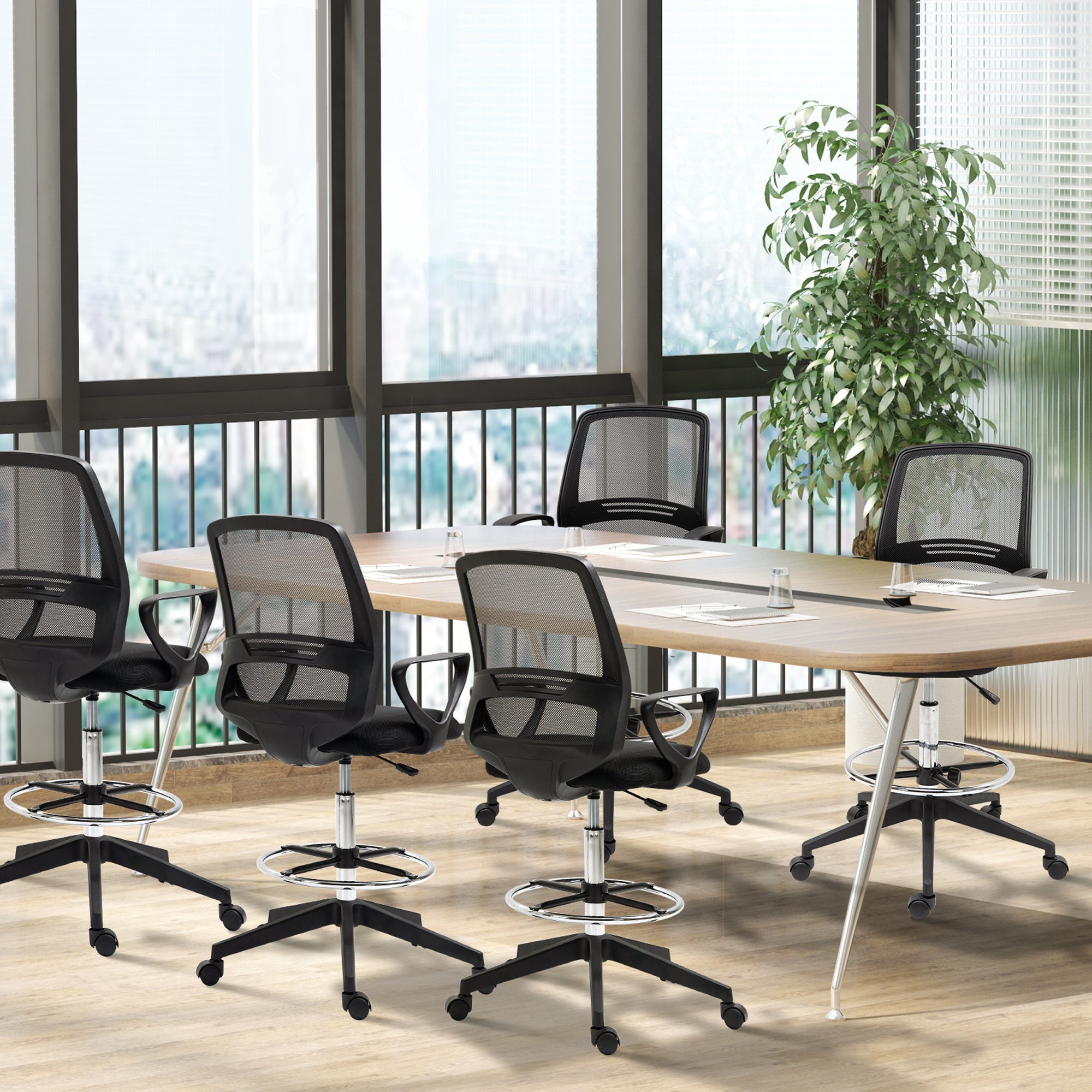 Vinsetto Ergonomic Mesh Back Draughtsman Chairs Tall Office Chair with Adjustable Height and Footrest 360° Swivel, Set of 5 - TovaHaus