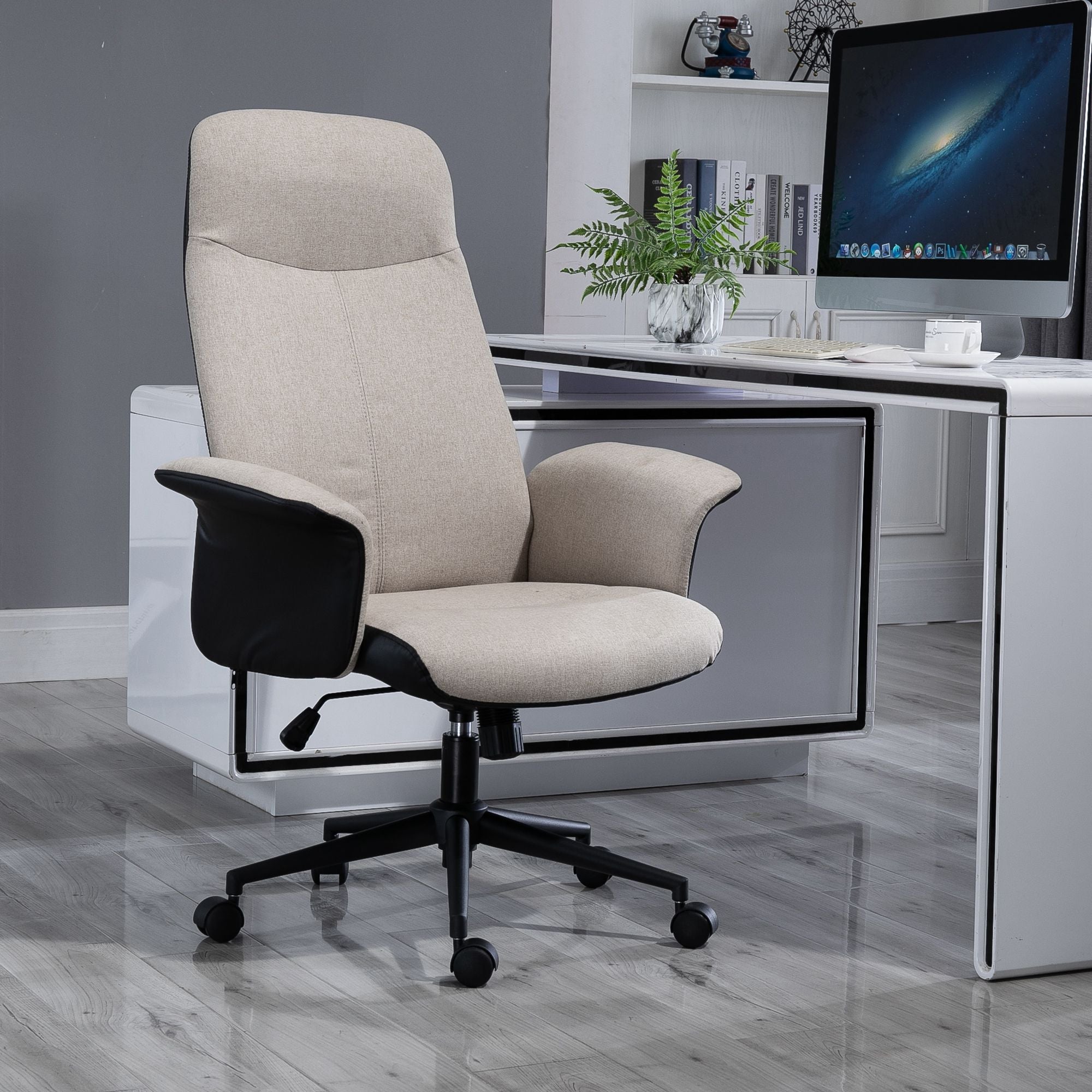 Vinsetto High Back Office Chair, Linen Fabric Computer Desk Chair with Armrests, Tilt Function, Adjustable Seat Height, Beige - TovaHaus