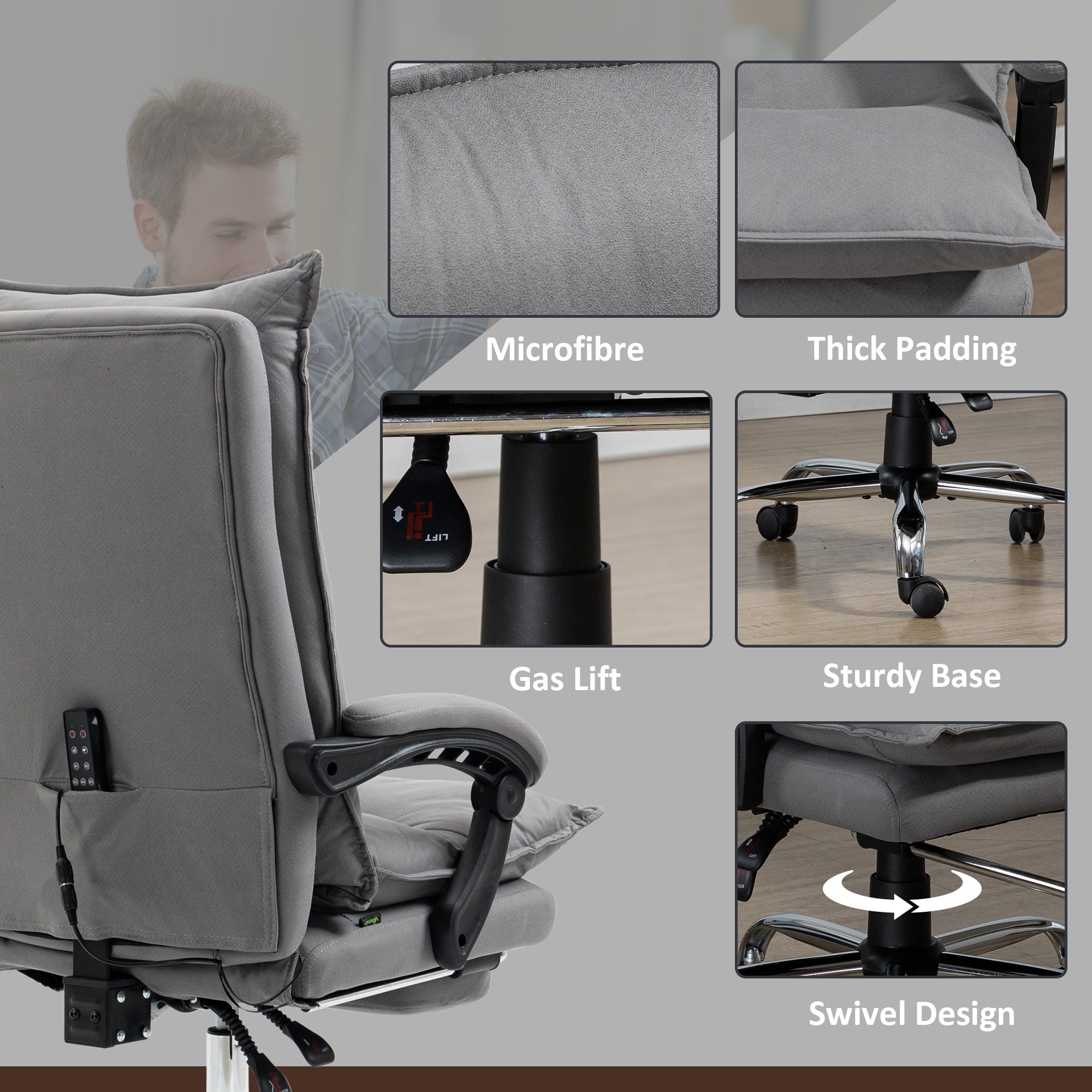 Vinsetto Microfibre Office Chair with Vibration Massage, Heat, Reclining Back, Footrest, Armrest, Double Padding, Grey - TovaHaus