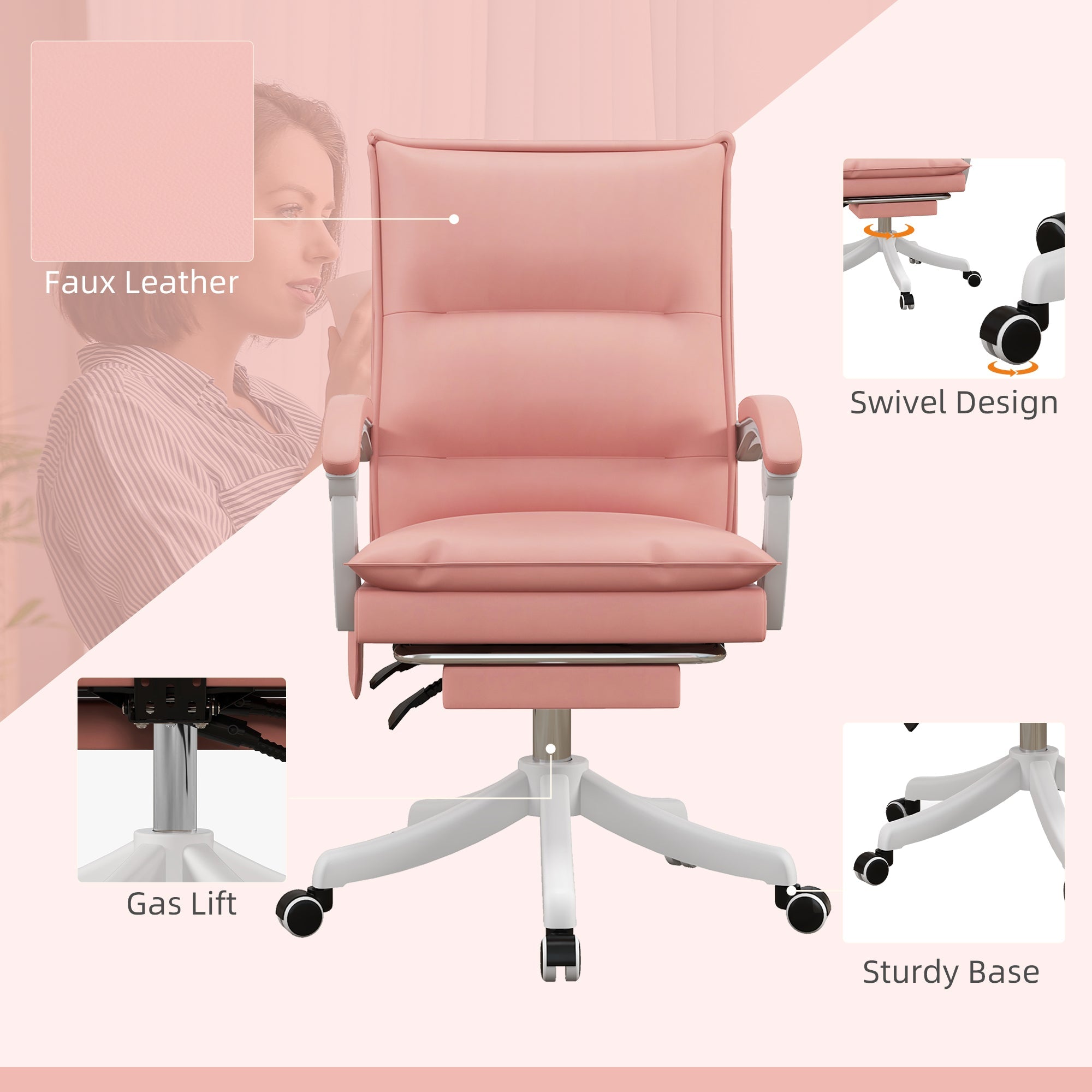 Vinsetto Vibration Massage Office Chair with Heat, Faux Leather Computer Chair with Footrest, Armrest, Reclining Back, Double-tier Padding, Pink - TovaHaus