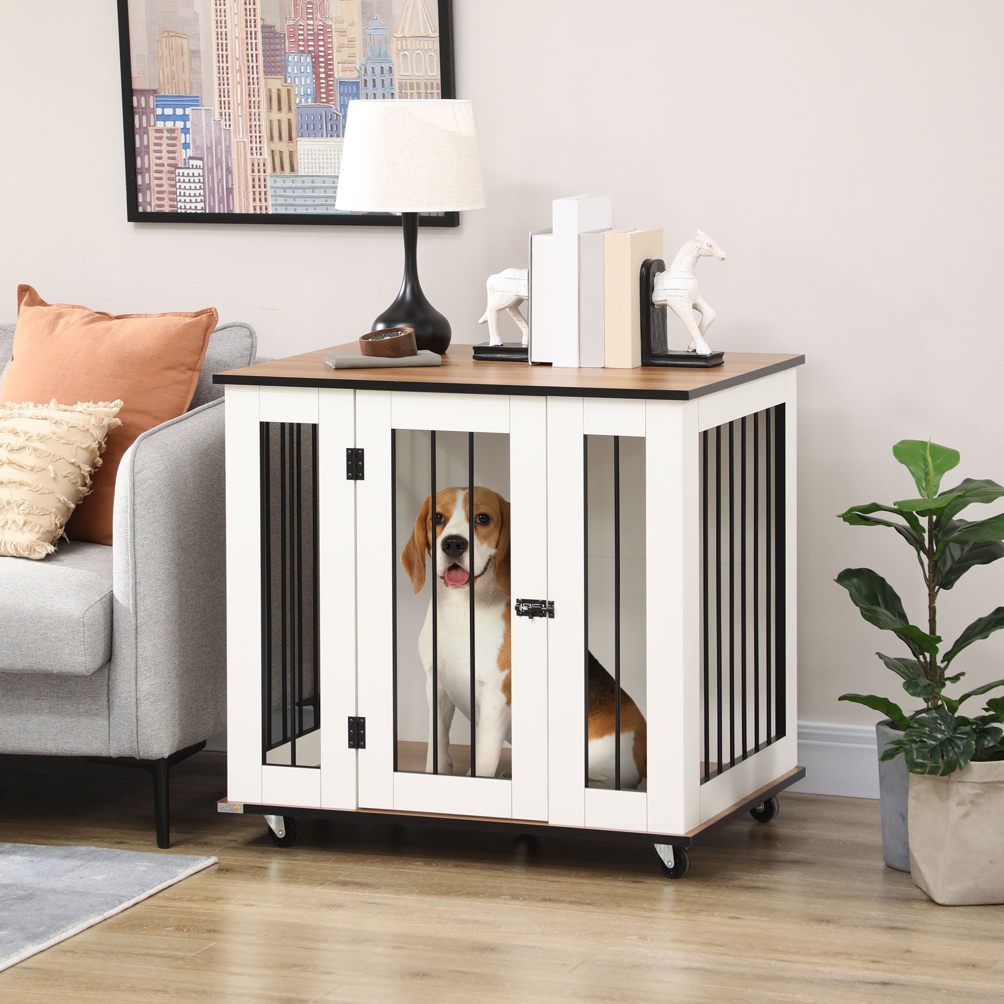 PawHut Dog Crate Furniture with Wheels, Dog Cage End Table for Medium Dogs, with Lockable Door, White, 80 x 60 x 76.5cm