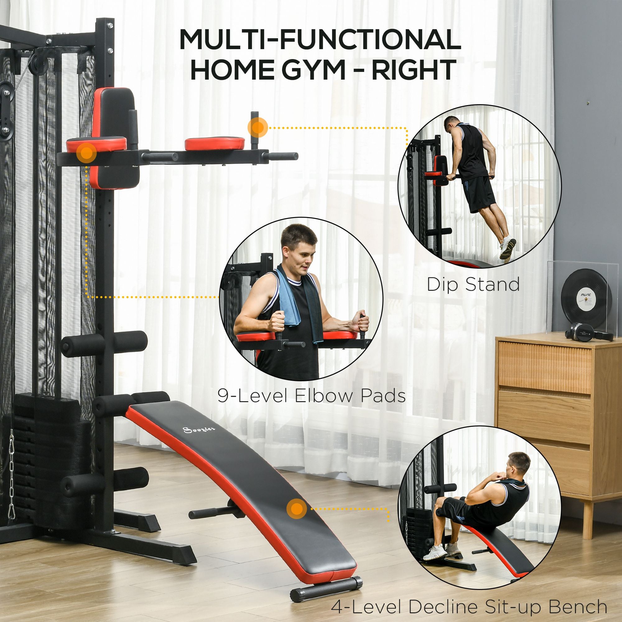 SPORTNOW Multi Gym Workout Station, Weight Machine with 65kg Weight Stack, Sit up Bench, Push up Stand, Dip Station