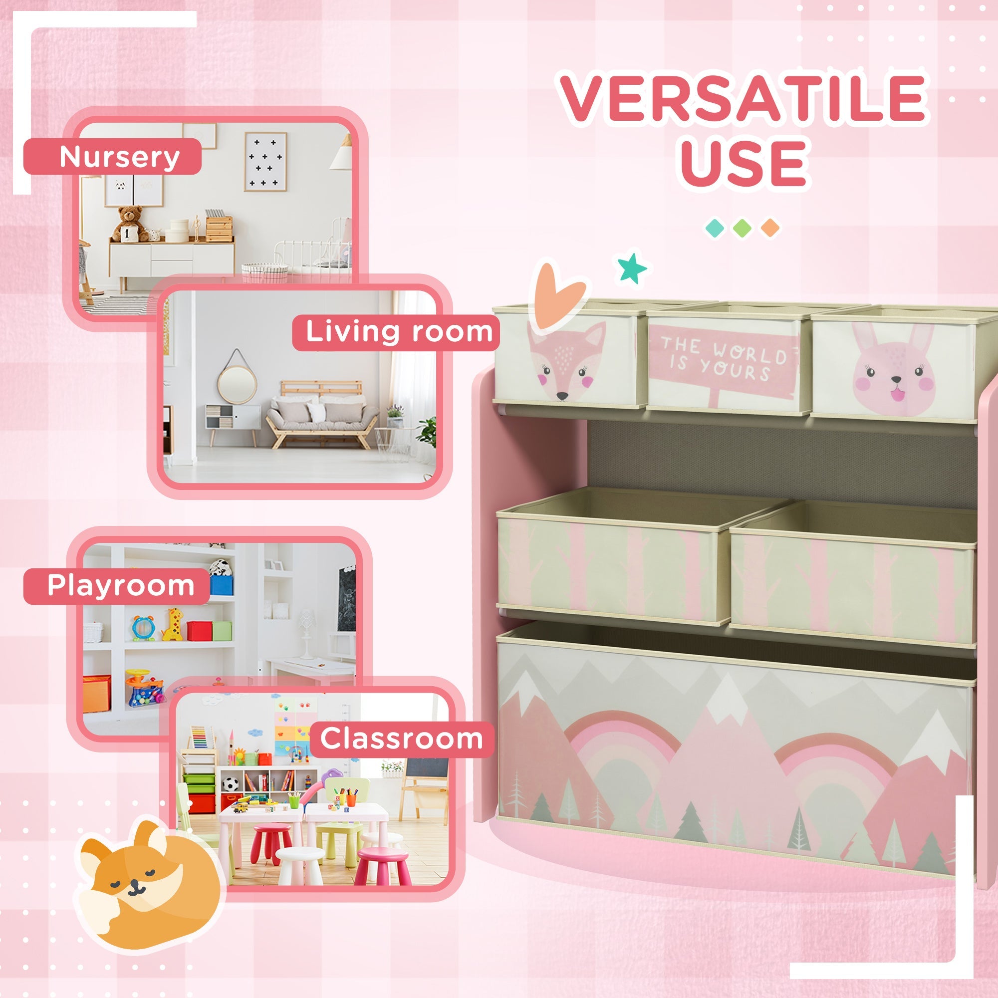 ZONEKIZ Children's Toy Storage Unit with 6 Fabric Bins, Bedroom and Nursery Organiser, 63 x 30 x 66cm, Pink - TovaHaus