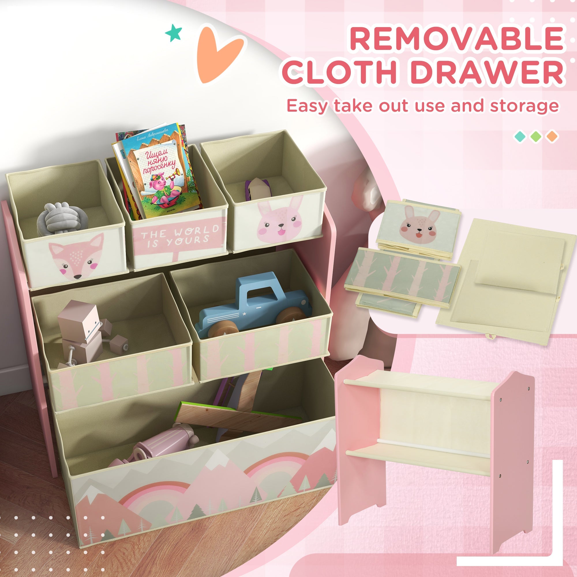 ZONEKIZ Children's Toy Storage Unit with 6 Fabric Bins, Bedroom and Nursery Organiser, 63 x 30 x 66cm, Pink - TovaHaus