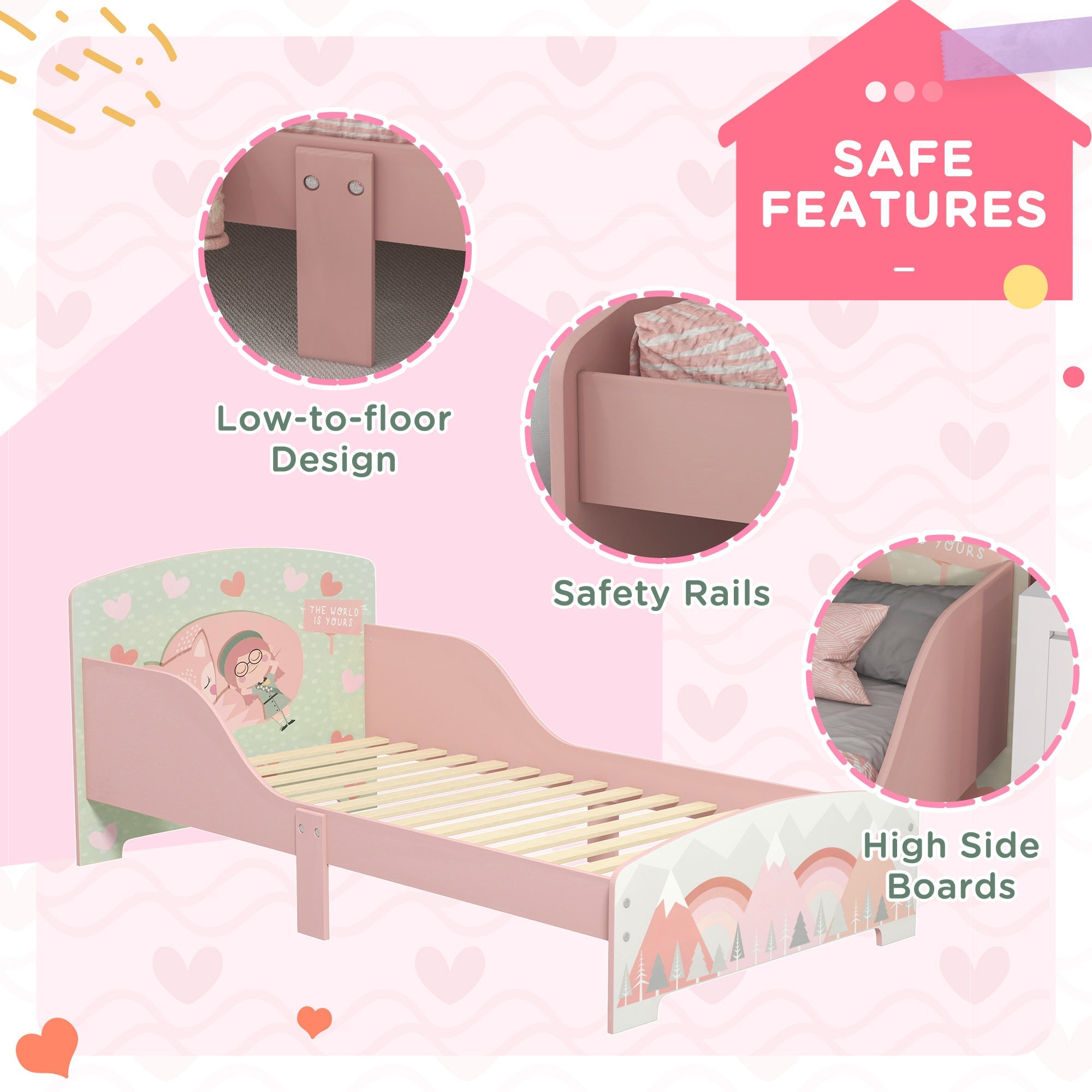 ZONEKIZ Toddler Bed Frame, Kids Bedroom Furniture for Ages 3-6 Years, Pink - TovaHaus