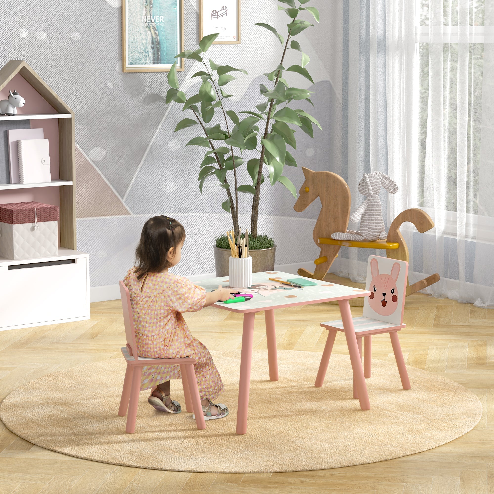 ZONEKIZ Toddler Desk and Chair Set, Kids Activity Table with Two Chairs, Furniture for Ages 3-6, Pink - TovaHaus