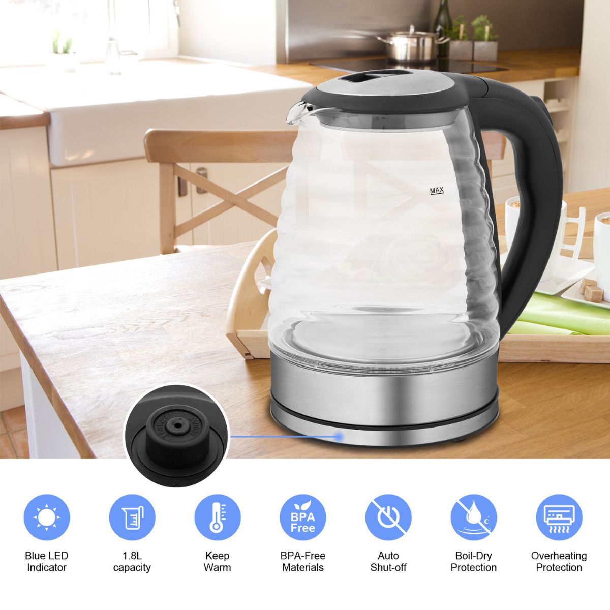 1.8L Electric Kettle Stainless Steel High Quality Borosilicate Glass Blue Light, 220V 2000W - TovaHaus