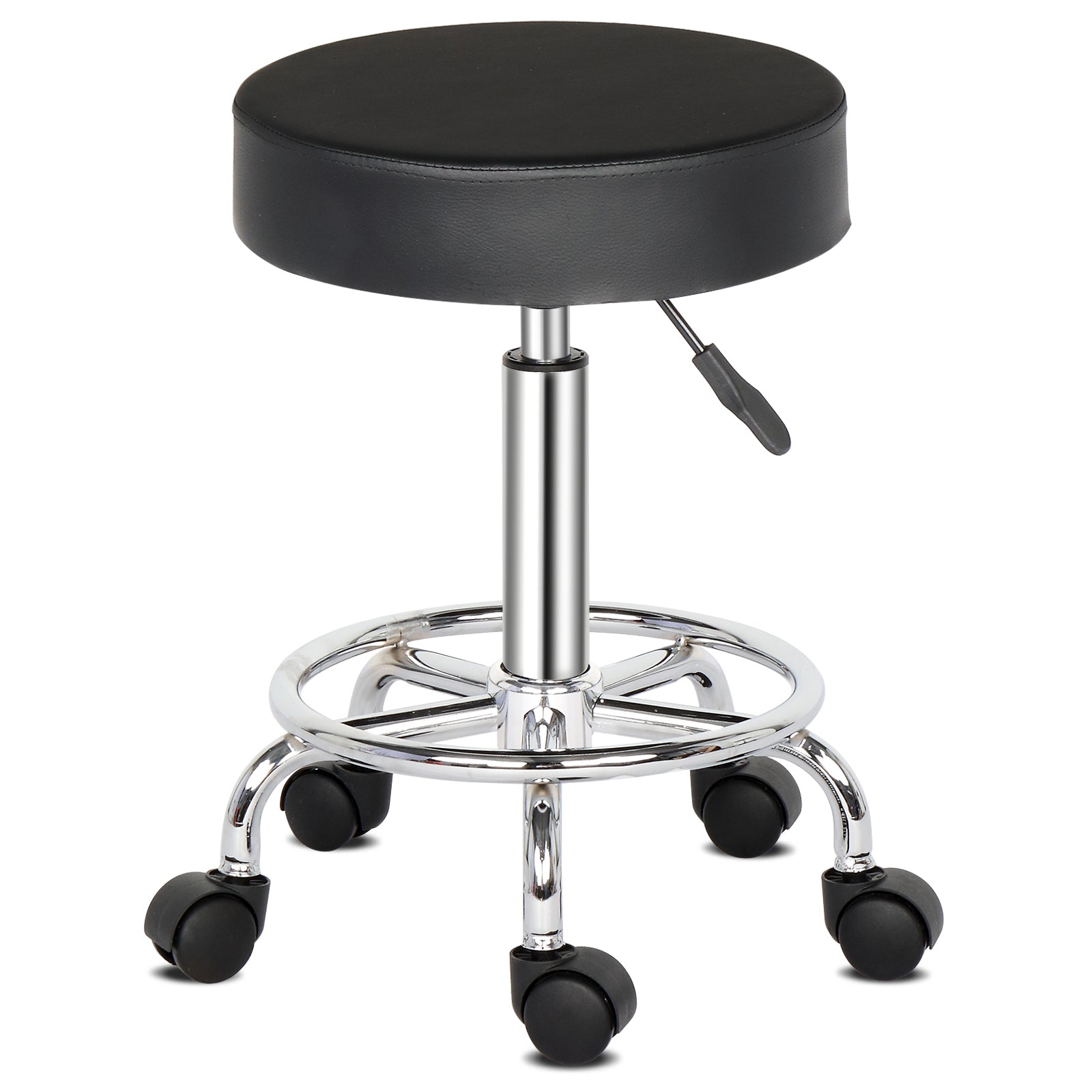 Adjustable PU Leather Round Rolling Stool with Footrest Steel Frame and Wheels for Spa Salon Massage Office Stool Chair - TovaHaus