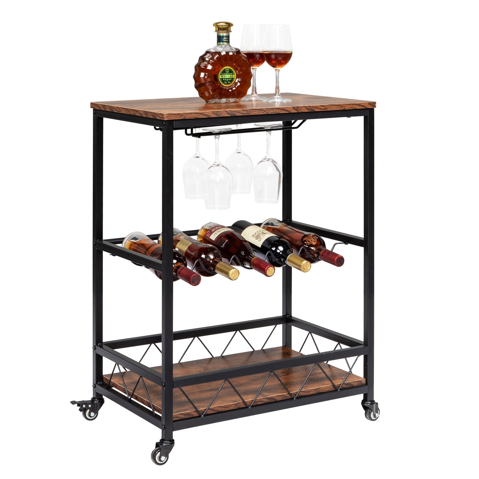Mobile Kitchen Trolley Cart on Wheels, with 2 Glass Holders & 5 Bottle Rack - TovaHaus