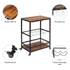 Mobile Kitchen Trolley Cart on Wheels, with 2 Glass Holders & 5 Bottle Rack - TovaHaus