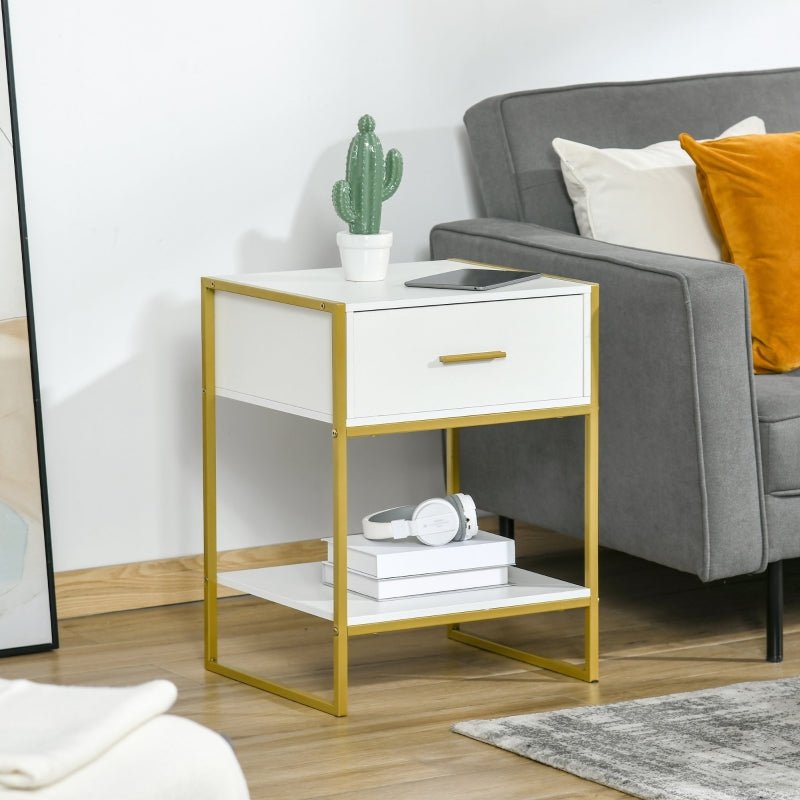 Modern Bedside Table, Bedside Cabinet with Drawer Shelf, White and Gold 45Lx40Wx60H cm - TovaHaus