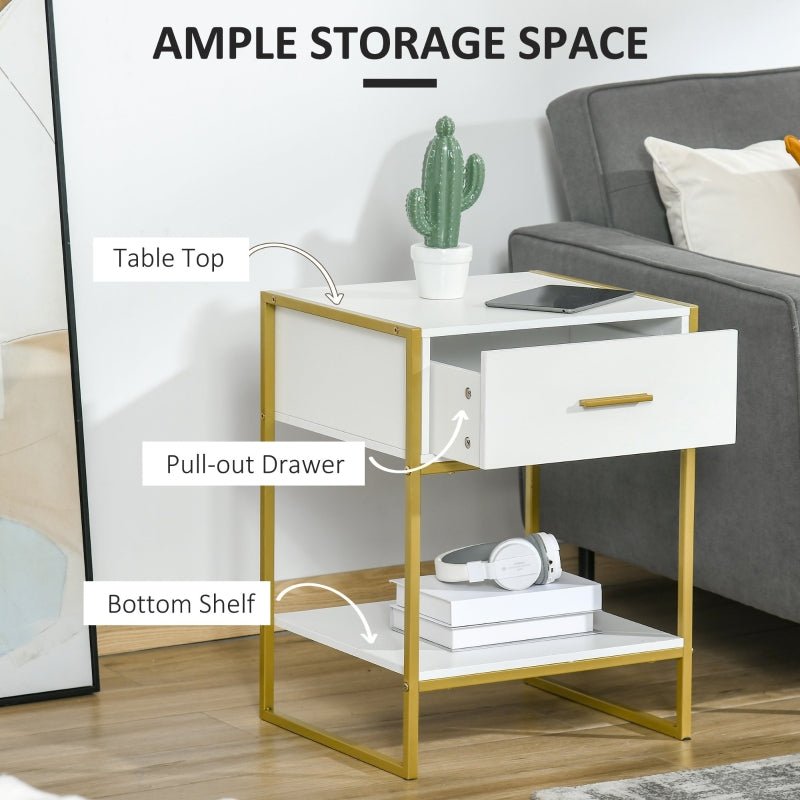 Modern Bedside Table, Bedside Cabinet with Drawer Shelf, White and Gold 45Lx40Wx60H cm - TovaHaus