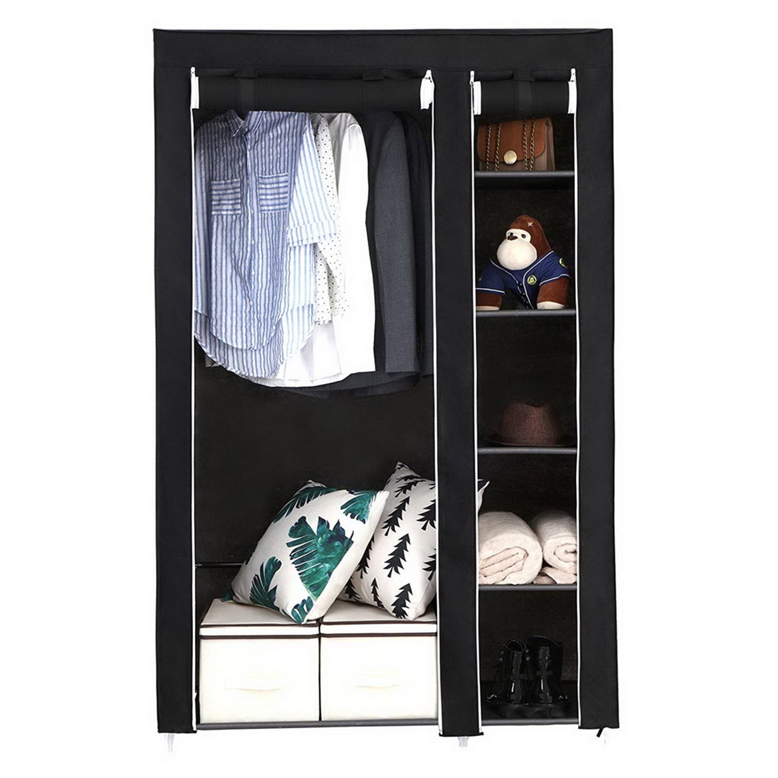 Portable Double Canvas Wardrobe,Clothes Storage Organizer with Hanging Rail, 106x44x170cm - TovaHaus