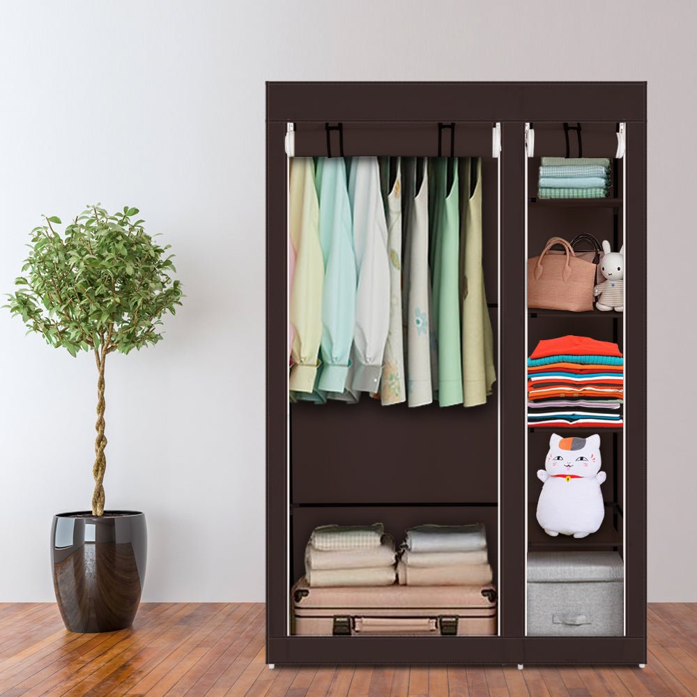 Portable Double Canvas Wardrobe,Clothes Storage Organizer with Hanging Rail, 106x44x170cm - TovaHaus