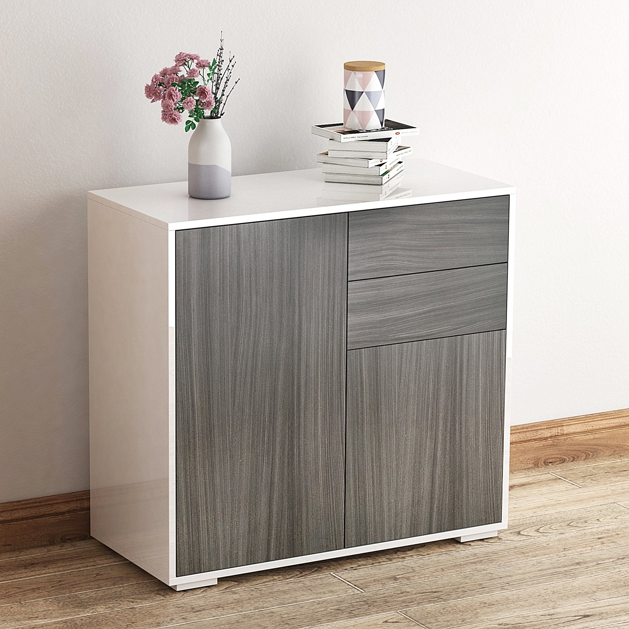 Push-Open Cabinet with2 Drawer 2 Door Cabinet for Light Grey White - TovaHaus